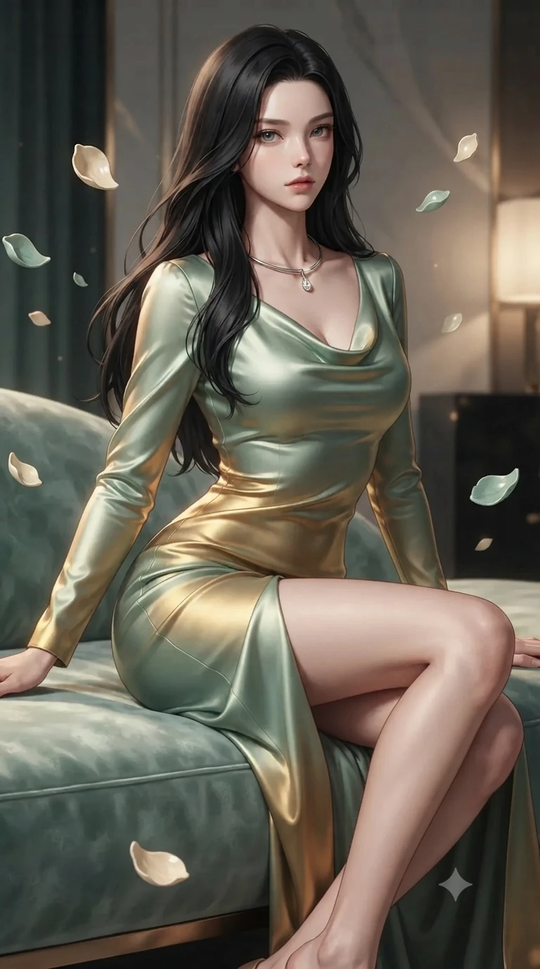 score_9, masterpiece, best quality, ultra-detailed, high-budget anime keyframe, editorial fashion photography, tasteful artistic composition, Korean woman. close-up cowboy shot from the waist and thighs up, the character dominates the composition, filling the frame with her large presence. perched sideways on the lounge seat, one knee drawn up to showcase her slender leg line while her arched back accentuates her feminine hip curve while twisting her slender torso in an alluring S-curve between floating ceramic petals, warm gilded reflections tracing her flat midriff and hourglass curves. The surrounding environment is rendered in vivid detail and crisp panoramic clarity: detailed dress tailoring, delicate metallic trim, and ancient imperial craftsmanship in high resolution. She has an exceptionally elegant, slender, and willowy female figure with an ultra-slim waist, flat toned midriff, narrow ribcage, and sculpted feminine hips creating an alluring, slim hourglass silhouette without bulk. sharp v-shaped jawline, high-bridge nose, intricate jewel-like sparkling eyes with depth, thick eyelashes, glossy parted lips with a natural peach sheen, bright cheerful beaming smile with an enchanting and coquettish sensual glint, exuding both youthful cute charm and seductive allure, flawlessly proportioned anatomical accuracy, strict slender model proportions, natural body alignment, perfectly sculpted long slender limbs, ultra-slim waistline, clean dynamic posture without body distortion. wearing a refined long-sleeve cowl-neck satin evening gown with modest draped neckline and tailored waistline in celadon jade and antique gold-leaf, woven from structured carbon-fiber jacquard with rich textural depth, finished with a minimalist chrome choker and a single teardrop diamond pendant, the impeccably tailored cut draping gracefully along her slender figure with aristocratic poise. illuminated by black lacquer reflection bounce and sharp champagne-gold rim lights defining her dewy collarbones, ultra-slim waist, and curvy hips. ultra-reflective glossy finish, specular highlights, rich textural contrasts, high-contrast stereoscopic depth, volumetric dynamic lighting, 2k, ultra detail, master piece, 9:16 ratio