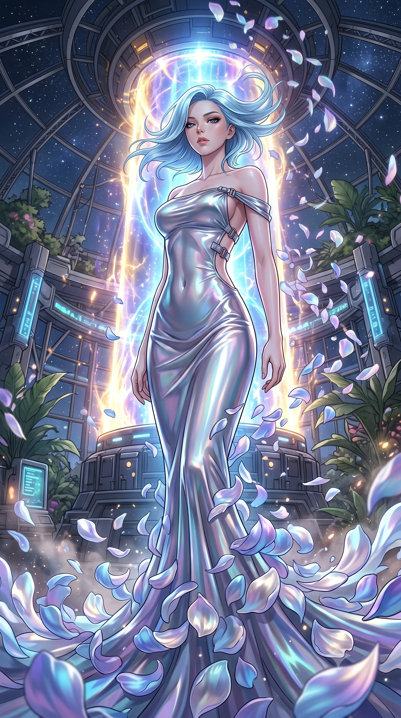 score_9, masterpiece, best quality, ultra-detailed, High-budget Anime Keyframe, East Asian woman. Low angle cowboy shot filling the entire 9:16 frame with her statuesque presence. Scenario 274: dissolving into a cloud of iridescent silk petals inside a secret bio-dome containing a giant glowing fusion reactor. Her presence is magnetic and overpowering in this high-budget anime scene. Outfit 274: a slim-fit molten liquid silk bare with a backless design and metallic buckles. The clothing is designed to emphasize her exceptionally tall and slender 8-heads proportion. 8-heads proportion, towering silhouette, ultra-slim waist. sharp v-shaped jawline, intricate jewel-like eyes with depth, thick eyelashes, glossy lips. 2k, ultra detail, master piece, 9:16 ratio
