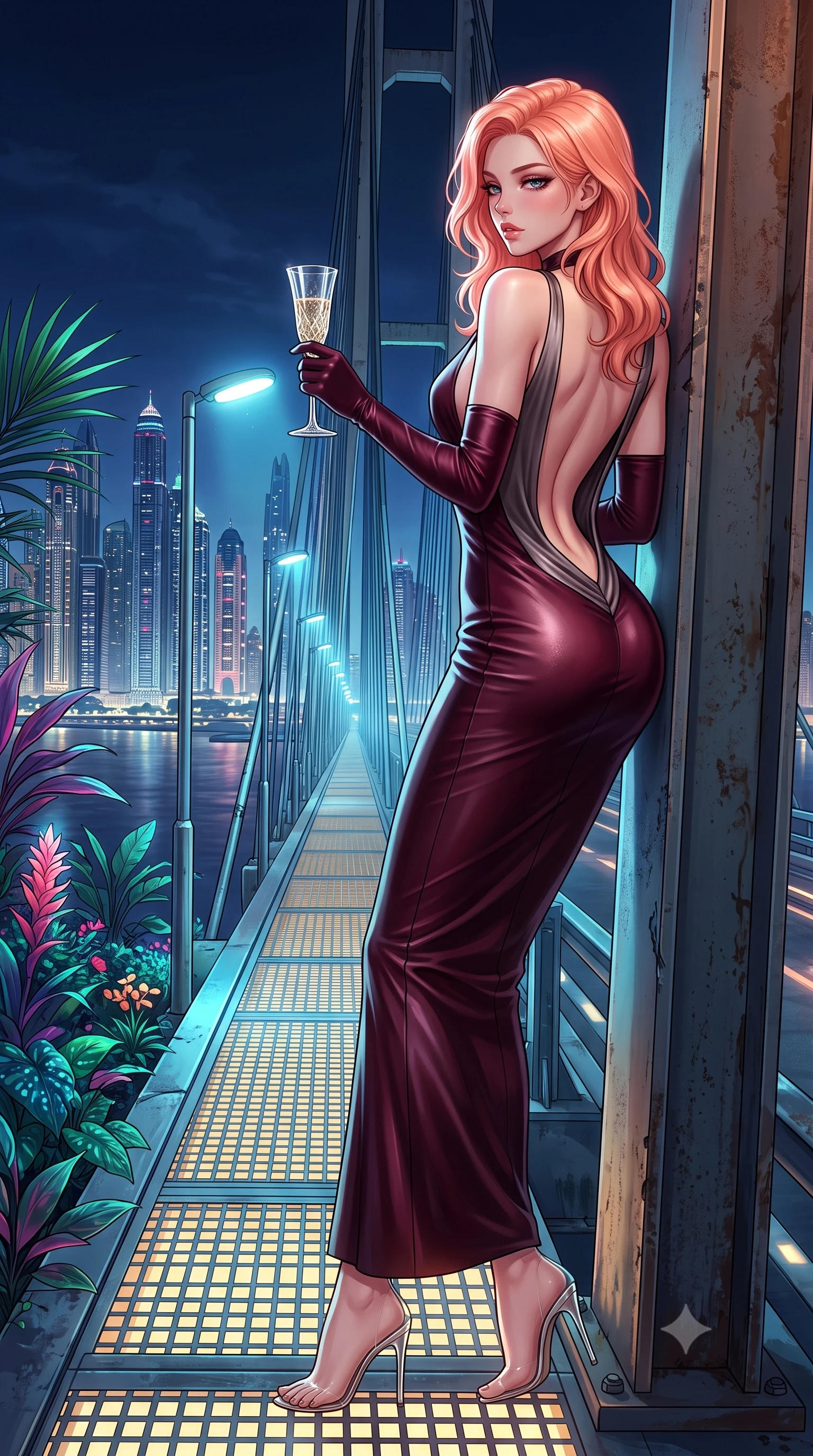 score_9, masterpiece, best quality, ultra-detailed, high-budget anime keyframe, semi-realistic 3D game render, editorial fashion photography, tasteful artistic composition, Japanese woman. low angle full-body shot from head to toe showing her feet, filling the entire 9:16 vertical frame with her statuesque presence, stretching her vertical silhouette. leaning deep against the structural architecture with hips cocked in an unapologetically bold, seductive high-fashion stance while standing poised at the center of the illuminated suspension bridge, twisting her slender torso in an alluring S-curve while looking toward the Marina skyline. The surrounding environment is rendered in vivid detail and crisp panoramic clarity. vibrant high-contrast cyberpunk botanical chiaroscuro and cutting-edge tropical metropolis aesthetics in precision. She has an exceptionally tall and slender model-like 8.5-heads proportion, an ultra-slim waist, a flat toned midriff, narrow delicate ribcage, and beautifully sculpted feminine hips creating a graceful, slim hourglass silhouette without any bulky heaviness, with impossibly long slender legs. sharp v-shaped jawline, high-bridge nose, intricate jewel-like eyes with depth, thick eyelashes, glossy parted lips with a natural sheen, intensely captivating and seductive bedroom-eyes expression, flawlessly proportioned anatomical accuracy, strict slender model proportions, natural body alignment, perfectly sculpted long slender limbs, ultra-slim waistline, clean dynamic posture without body distortion. wearing a liquid-silk jersey evening gown with an ultra-deep plunging open back descending to the base of her spine and a sculpted hip-hugging skirt in deep wine burgundy and brushed dark platinum, crafted from second-skin supple lambskin leather with liquid drape, accessorized with opera-length satin gloves and a vintage crystal glass, the glove-like aerodynamic silhouette tightly following the natural contour of her hips and long slender legs with statuesque 8.5-heads elegance. illuminated by wet specular glass bounce lights sculpting her toned waistline, slender spine, and feminine hips. highly saturated vibrant anime colors, detailed shading with soft gradients, rich glossy textures, high-contrast stereoscopic depth, volumetric dynamic lighting, master piece, 9:16 ratio