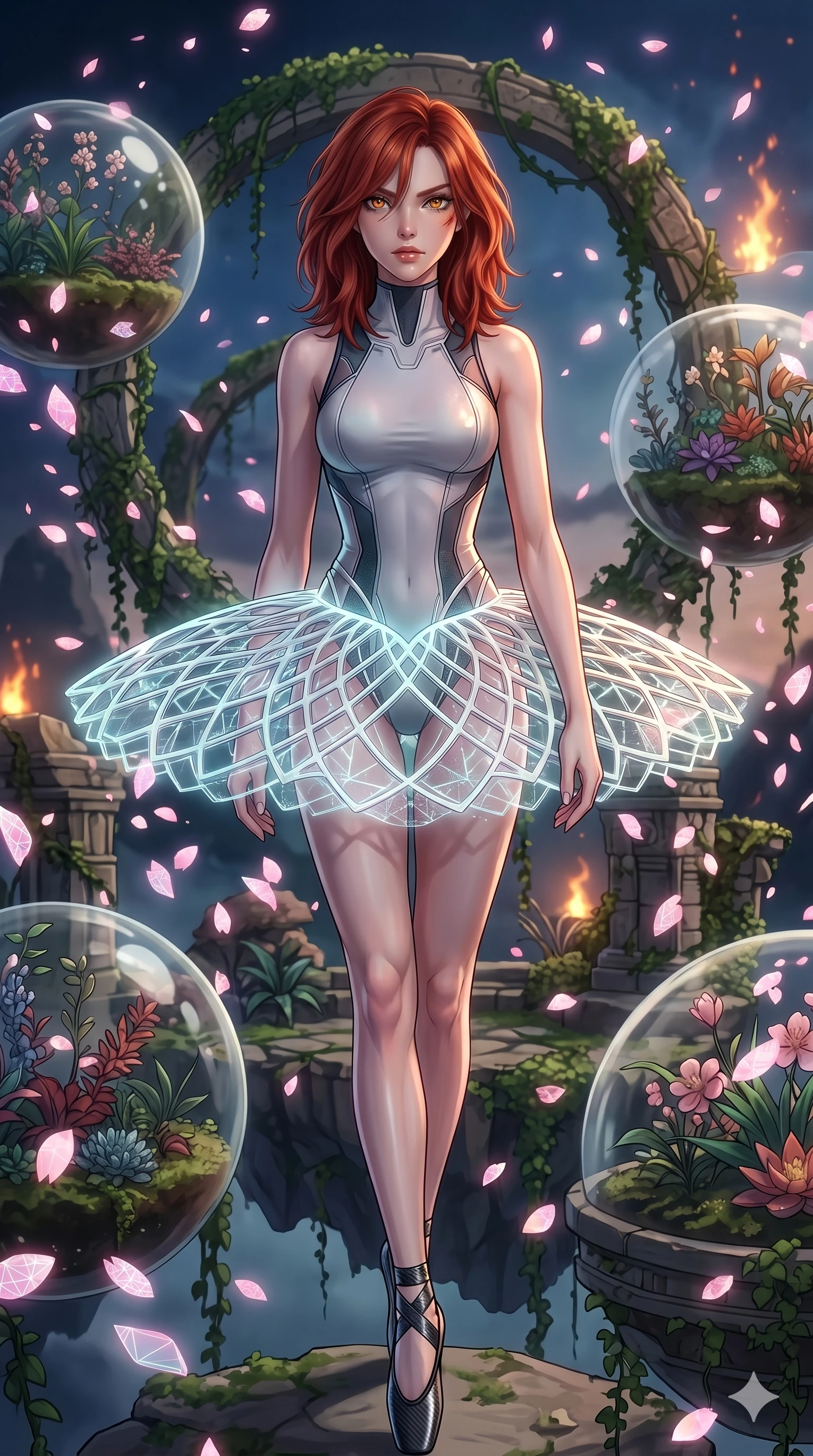 score_9, masterpiece, best quality, ultra-detailed, Set A: High-budget Anime Keyframe, Japanese woman. Upper body close-up from the thighs up, character filling the screen for maximum presence. Walking gracefully through a floating botanical garden, with a look of intense determination reflecting the fires of 17 and surrounded by digital sakura petals. She has an absolutely perfect 8-heads proportion, an exceptionally tall and slender female figure with impossibly long slender legs and an ultra-slim waist. Sharp v-shaped jawline, high-bridge nose, intricate jewel-like eyes with depth, thick eyelashes, glossy lips with a natural sheen. Wearing Futuristic ballet outfit with a glowing tutu and carbon-fiber pointe shoes. Cinematic lighting, vibrant colors, dramatic shadows, 2k, ultra detail, master piece, 9:16 ratio