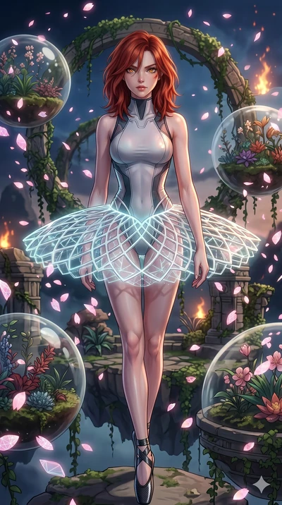 score_9, masterpiece, best quality, ultra-detailed, Set A: High-budget Anime Keyframe, Japanese woman. Upper body close-up from the thighs up, character filling the screen for maximum presence. Walking gracefully through a floating botanical garden, 