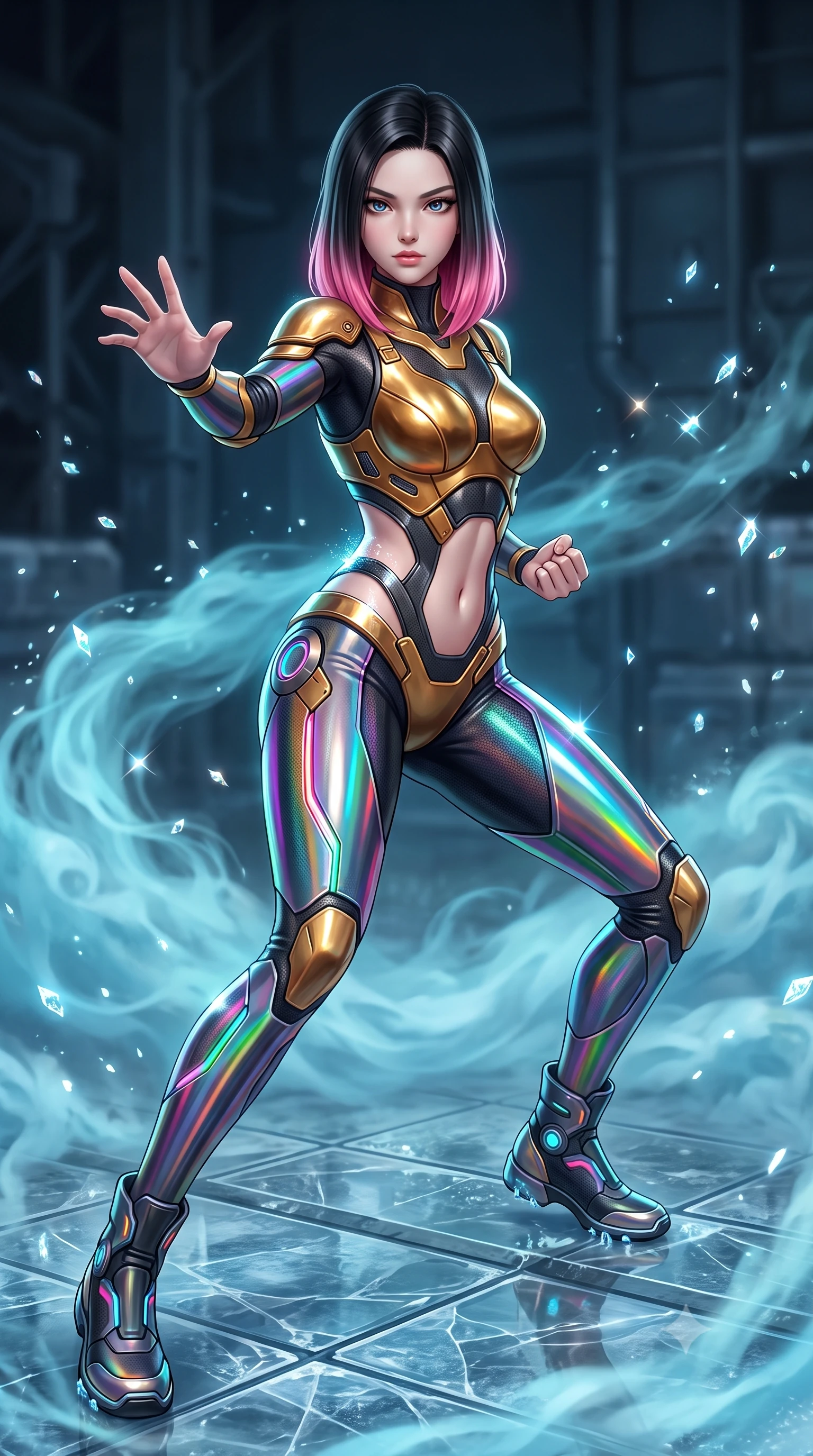 score_9, masterpiece, best quality, ultra-detailed, high-budget anime keyframe, semi-realistic 3D game render, editorial fashion photography, tasteful artistic composition, Korean woman. close-up cowboy shot from the waist and thighs up, the character dominates the composition, filling the frame with her large presence. in a razor-sharp Panzer Kunst fighting guard, one hand extended with palm open in fluid kinetic tension, captivating jewel-like eyes locked onto the viewer with dangerous focus while pivoting dynamically on ice-slicked tiles as cyan cryo-mist billows gracefully around her athletic, form-fitting armor. The composition keeps background elements in soft focus with creamy bokeh. glistening diamond ice crystals scattering bright specular light motes across a cool backdrop. She has an exceptionally elegant, slender, and willowy female figure with an ultra-slim waist, a gracefully sculpted slender torso, toned flat midriff, and a refined slim silhouette. sharp v-shaped jawline, high-bridge nose, intricate jewel-like eyes with depth, thick eyelashes, glossy lips with a natural sheen, flawlessly proportioned anatomical accuracy, strict slender model proportions, natural body alignment, perfectly sculpted long slender limbs, ultra-slim waistline, clean dynamic posture without body distortion. wearing a sculpted molten-gold and dark carbon cuirass paired with high-mobility combat leggings and kinetic energy channels in high-gloss iridescent rainbow carbon with prism holographic sheen, crafted from ultra-strong woven carbon-fiber composite with a satin luster, finished with high-mobility flexible limb seams and miniature magnetic armor locks, the precision-cut daring openings accentuating her delicate midriff, graceful bare collarbones, and ultra-slim feminine waistline. illuminated by crisp specular ice refractions outlining her ultra-slim waist, long legs, and flat midriff. rich saturated anime colors with glowing neon highlights, detailed shading with soft gradients, rich glossy textures, high-contrast stereoscopic depth, volumetric dynamic lighting, master piece, 9:16 ratio