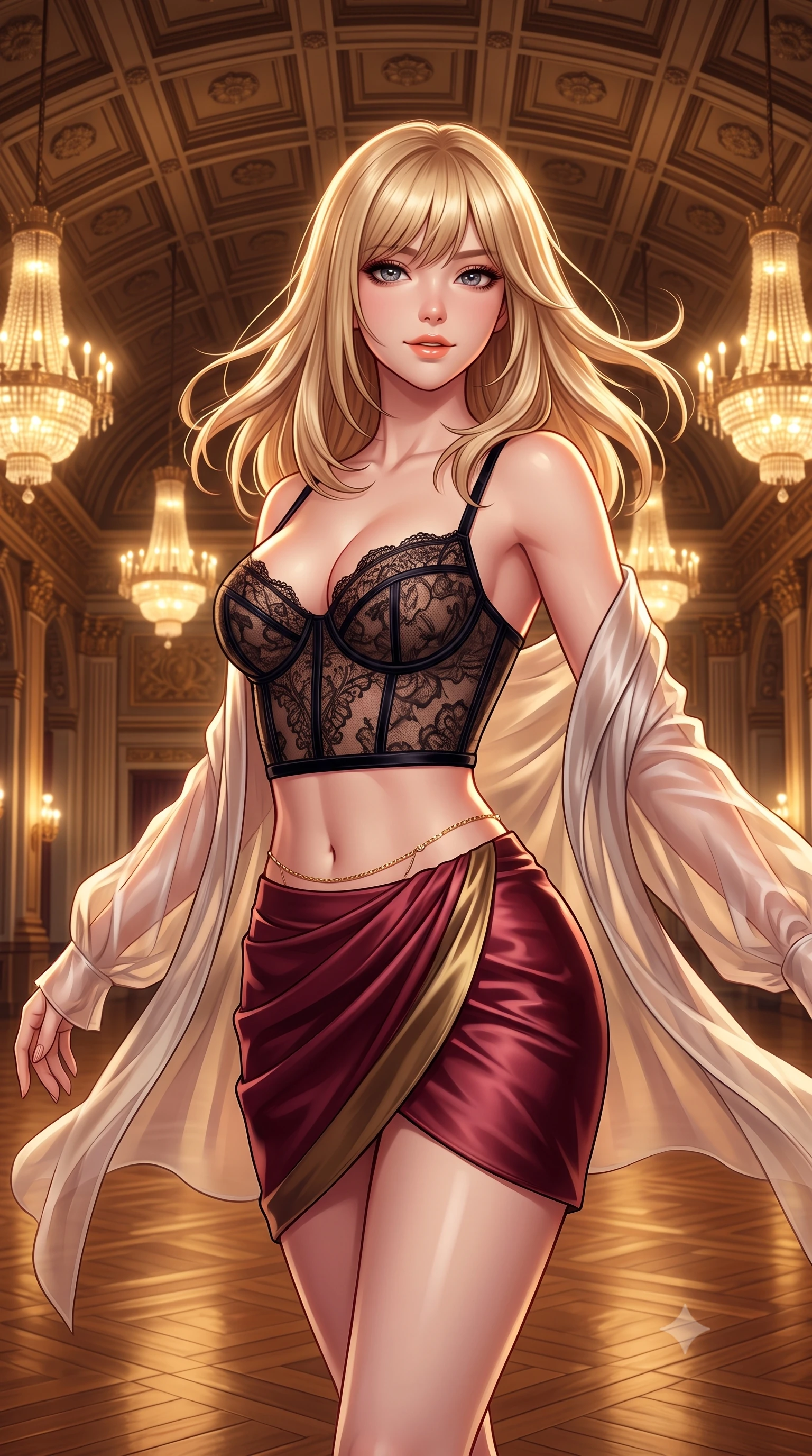 score_9, masterpiece, best quality, ultra-detailed, high-budget anime keyframe, semi-realistic 3D game render, editorial fashion photography, tasteful artistic composition, Japanese woman. close-up cowboy shot from the waist and thighs up, the character dominates the composition, filling the frame with her large presence. turning slowly with an enchanting smoldering smile, her glossy hair tossing in the breeze as her hips angle gracefully in a captivating contrapposto while standing centered on the mirror-polished teak ballroom floor beneath the soaring coffered ceiling, arching her spine with queenly supermodel charisma. The surrounding environment is rendered in vivid detail and crisp panoramic clarity: detailed translucent gossamer silk robe drape, strappy satin demi-bustier cling, and historic luxury craft in high resolution. She has an exceptionally elegant, slender, and willowy female figure with an ultra-slim waist, flat toned midriff, narrow ribcage, and sculpted feminine hips creating an alluring, slim hourglass silhouette without bulk. sharp v-shaped jawline, high-bridge nose, intricate jewel-like sparkling eyes with depth, thick eyelashes, glossy parted lips with a natural peach sheen, bright cheerful beaming smile with an enchanting and coquettish sensual glint, exuding both youthful cute charm and seductive allure, flawlessly proportioned anatomical accuracy, strict slender model proportions, natural body alignment, perfectly sculpted long slender limbs, ultra-slim waistline, clean dynamic posture without body distortion. wearing a sculpted underwire bustier in sheer noir lace with velvet piping paired with an ultra-short draped tulip skirt in French boudoir bordeaux wine and antique brass, crafted from fluid liquid silk satin that clings smoothly to her narrow waist and rounded hips with a dewy sheen, accented with a dainty gold belly chain resting across her flat midriff and curving hips, the second-skin tailored fabric adhering flawlessly to her sculpted flat midriff and slender torso, emphasizing her long leg lines and perfectly proportioned willowy build. bathed in the opulent golden 2600K radiance of multi-tiered Art Deco chandeliers dimmed to an intimate evening glow. highly saturated vibrant anime colors, detailed shading with soft gradients, rich glossy textures, high-contrast stereoscopic depth, volumetric dynamic lighting, master piece, 9:16 ratio