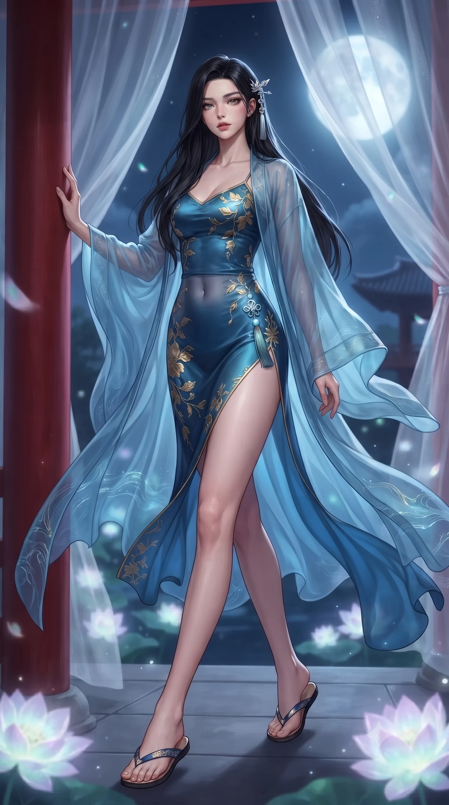 score_9, masterpiece, best quality, ultra-detailed, high-budget anime keyframe, editorial fashion photography, tasteful artistic composition, Korean woman. low angle full-body shot from head to toe showing her feet, filling the entire 9:16 vertical frame with her statuesque presence, stretching her vertical silhouette. stepping forward gracefully in mid-motion, displaying her toned flat midriff and flawlessly sculpted slender limbs while leaning against the scarlet pillar of a moonlit silk gazebo as translucent organza curtains sway in the night breeze. The composition keeps background elements in soft focus with creamy bokeh. glowing holographic lotus flowers and distant pagoda rooflines blurred into ethereal jade, violet, and silver-white bokeh. She has an absolutely perfect, statuesque 8.5-heads proportion, an exceptionally tall and slender model-like female figure with impossibly long slender legs, a toned flat midriff, and an ultra-slim waist. sharp v-shaped jawline, high-bridge nose, intricate jewel-like eyes with depth, thick eyelashes, glossy lips with a natural sheen, captivating and magnetic expression, flawlessly proportioned anatomical accuracy, strict slender model proportions, natural body alignment, perfectly sculpted long slender limbs, ultra-slim waistline, clean dynamic posture without body distortion. wearing an ethereal moon-goddess gossamer robe worn over a form-contouring pearlescent silk slip in deep azure blue and gold leaf embroidery, crafted from sheer cascading chiffon that ripples like water, accented with a glowing metallic norigae knot charm and silver hairpin, the form-contouring material adhering flawlessly to her sculpted flat midriff and slender torso, emphasizing her long leg lines and perfectly proportioned willowy build. bathed in radiant silver-white full moon backlighting and soft cyan holographic lotus glow. ultra-reflective glossy finish, specular highlights, rich textural contrasts, high-contrast stereoscopic depth, volumetric dynamic lighting, 2k, ultra detail, master piece, 9:16 ratio