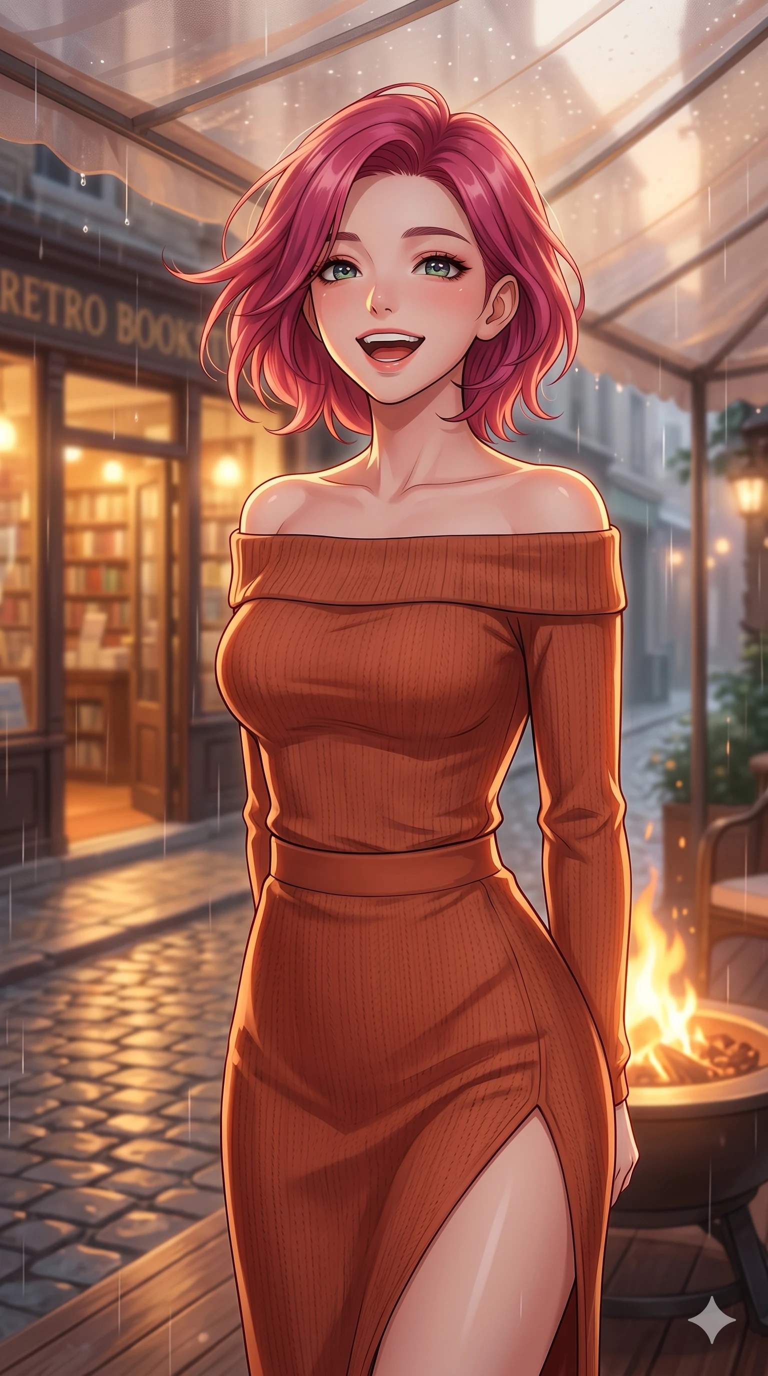 score_9, masterpiece, best quality, ultra-detailed, high-budget anime keyframe, vibrant anime aesthetic, Caucasian woman, strictly human ears. close-up cowboy shot from the waist and thighs up, the character dominates the composition, filling the frame with her large presence, background elements kept in soft focus. She is standing in a sun shower, looking up with a happy, laughing expression, gazing warmly at the viewer with a soft breath of wind in her hair. on a private terrace with a warm outdoor fire pit, under a translucent canopy during a cool rain shower (Code-P22-077). She has an absolutely perfect proportion, an exceptionally elegant and slender female figure with an ultra-slim waist. V-shaped jawline, high-bridge nose, intricate jewel-like eyes with depth, thick eyelashes, glossy lips with a natural sheen. wearing an off-shoulder long-sleeve shirt and a high-slit knit skirt in warm terracotta. She is illuminated by warm interior lights of a retro bookstore, casting a cozy glow, casting clean highlights that trace her slim waist along the cobblestone alley. 2k, ultra detail, master piece, 9:16 ratio