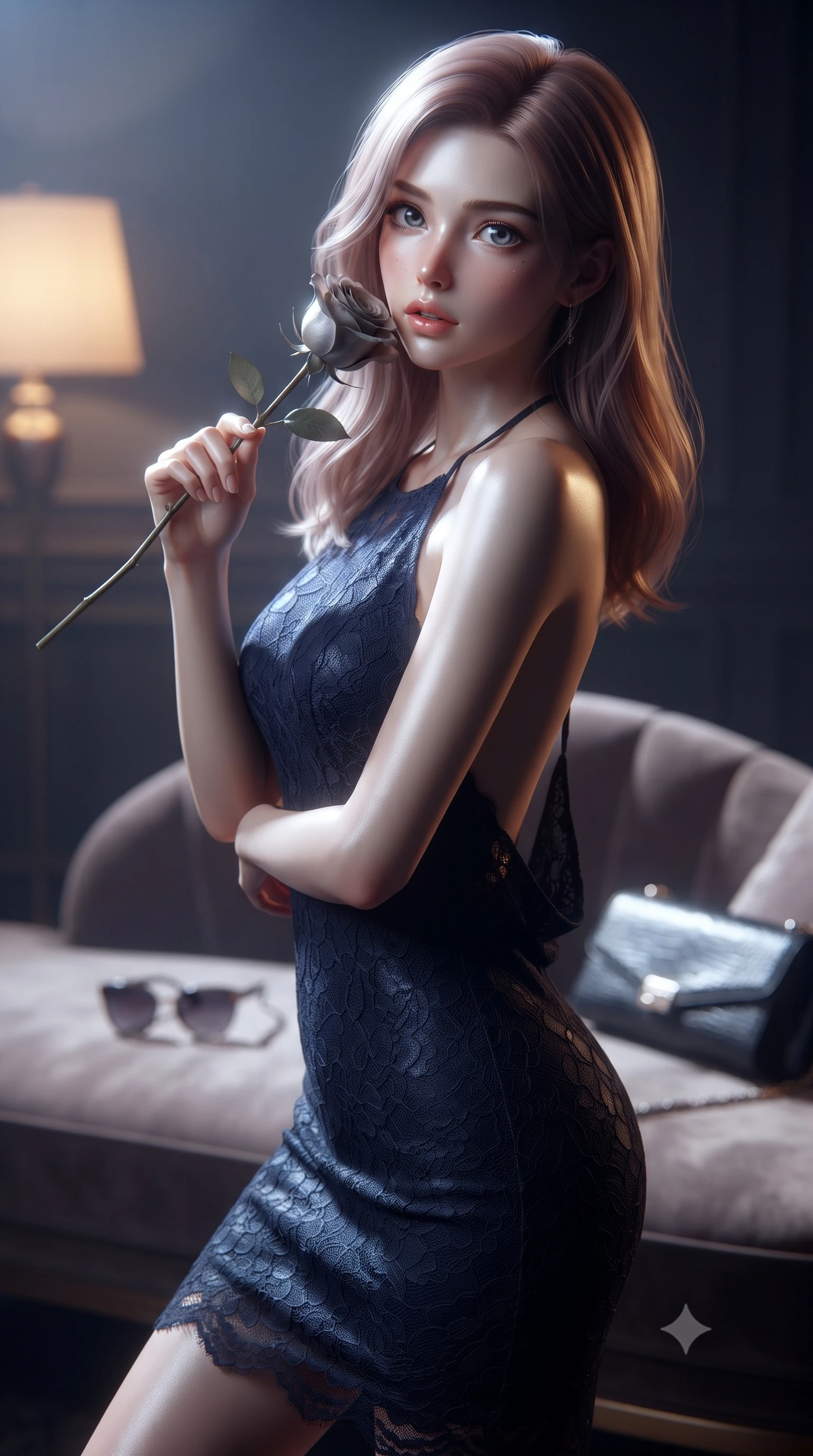 score_9, masterpiece, best quality, ultra-detailed, high-budget anime keyframe, editorial fashion photography, tasteful artistic composition, Japanese woman. close-up cowboy shot from the waist and thighs up, the character dominates the composition, filling the frame with her large presence, background elements kept in soft focus. gasping softly with a charming expression, holding a rose stem near her cheek with a magnetic stare set against a soft-focus background of inside an exclusive art atelier with a pair of designer sunglasses and a sleek leather clutch bag on the lounger. She has an exceptionally elegant, slender, and willowy female figure with an ultra-slim waist, a gracefully sculpted slender torso, and a refined silhouette. sharp v-shaped jawline, high-bridge nose, intricate jewel-like eyes with depth, thick eyelashes, glossy lips with a natural sheen. wearing tailored midnight navy delicate lace backless linen halter dress featuring delicate straps and a draped open-back design featuring refined tailored seams. illuminated by soft silver moonlight contrasting with the warm amber glow of a nearby lamp. ultra-reflective glossy finish, specular highlights, metallic sheen, high-contrast stereoscopic depth, volumetric dynamic lighting, 2k, ultra detail, master piece, 9:16 ratio