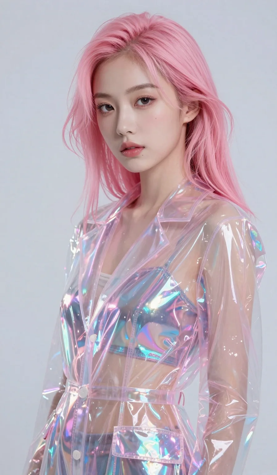 (masterpiece:1.2), best quality, highres, (1girl:1.3), stunning cyberpunk woman, (neon pink hair:1.1), transparent plastic coat, holographic reflections on skin, 2k, ultra detail, 9:16 ratio