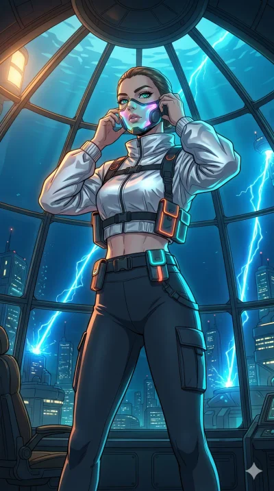 score_9, masterpiece, best quality, ultra-detailed, high-budget anime movie keyframe, cinematic anime lighting, intricate line art, Caucasian (strictly human ears) woman. Low angle cowboy shot filling the entire 9:16 frame with her statuesque presenc