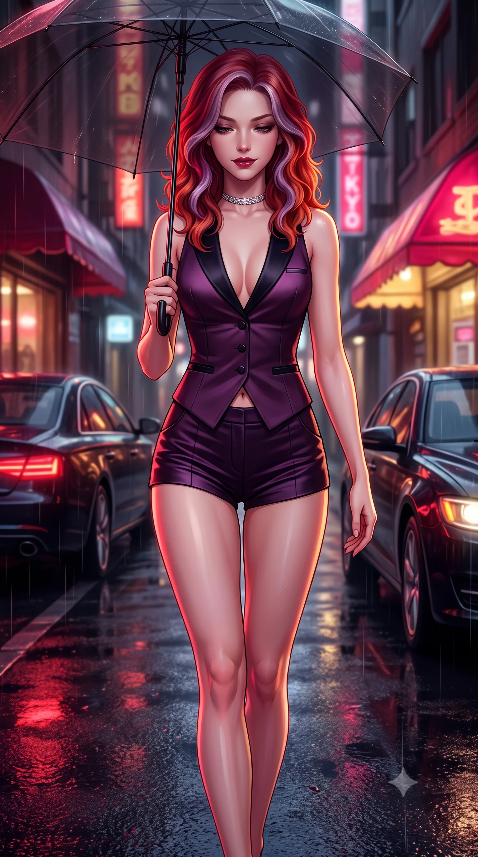 score_9, masterpiece, best quality, ultra-detailed, high-budget anime keyframe, semi-realistic 3D game render, editorial fashion photography, tasteful artistic composition, Caucasian woman. close-up cowboy shot from the waist and thighs up, the character dominates the composition, filling the frame with her large presence. glancing down over lowered lashes before meeting the camera with quiet, devastating intensity, her tailored outfit tracing her ultra-slim waist and hips while walking dynamically down the glistening wet asphalt alley beneath a translucent black umbrella, hips swaying gracefully in a captivating supermodel rhythm. The composition keeps background elements in soft focus with dreamy creamy bokeh. passing dark luxury sedans and glossy storefront awnings softened in moody Tokyo noir shallow focus. She has an exceptionally elegant, slender, and willowy female figure with an ultra-slim waist, flat toned midriff, narrow ribcage, and sculpted feminine hips creating an alluring, slim hourglass silhouette without bulk. sharp v-shaped jawline, high-bridge nose, intricate jewel-like dark sparkling eyes with dangerous depth, thick curled eyelashes, glossy parted lips with a rich wine sheen, smoldering seductive half-smile with bedroom-eyes, exuding effortless superiority and intoxicating dark allure, flawlessly proportioned anatomical accuracy, strict slender model proportions, natural body alignment, perfectly sculpted long slender limbs, ultra-slim waistline, clean dynamic posture without body distortion. wearing a tailored satin tuxedo vest worn closed against bare skin with high-cut tailored satin hot-pants in rich plum violet and deep onyx black, tailored from fine lightweight midnight wool crepe with crisp architectural structure, finished with a delicate diamond choker catching the chandelier light, the liquid-tight tailored fabric clinging flawlessly to her narrow waist and rounded feminine hips, emphasizing every millimeter of her sculpted slim hourglass curves without any bulky heaviness. bathed in intense saturated crimson and warm gold neon underlights contrasting with dark rain-soaked shadow tones. highly saturated vibrant anime colors, detailed shading with soft gradients, rich glossy textures, high-contrast stereoscopic depth, volumetric dynamic lighting, master piece, 9:16 ratio