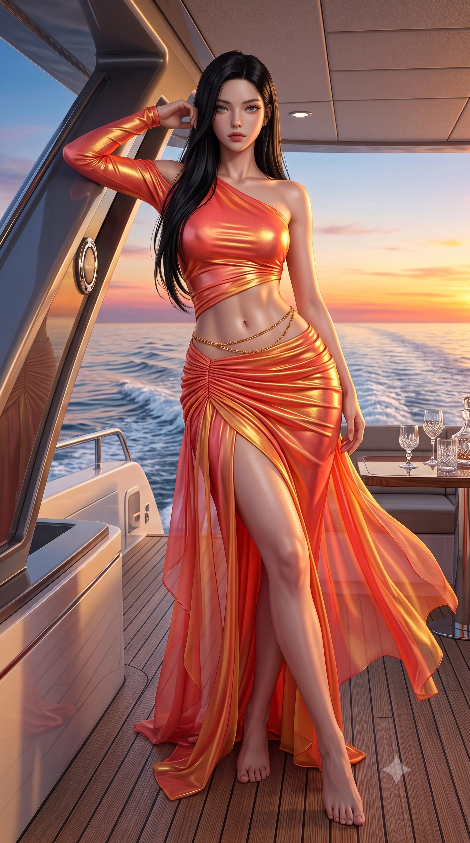 score_9, masterpiece, best quality, ultra-detailed, high-budget anime keyframe, semi-realistic 3D game render, editorial fashion photography, tasteful artistic composition, Korean woman. low angle full-body shot from head to toe showing her feet, filling the entire 9:16 vertical frame with her statuesque presence, stretching her vertical silhouette. leaning deep against the structural architecture with hips cocked in an unapologetically bold, seductive high-fashion stance while lying face down on a plush sunbed with head turned toward the camera, legs playfully bent at the knees to highlight her rounded hip silhouette. The surrounding environment is rendered in vivid detail and crisp panoramic clarity. detailed sunset horizon gradients, wake ripples behind the yacht, and crystal glassware in high resolution. She has an absolutely perfect, statuesque 8.5-heads proportion, an exceptionally tall and slender model-like female figure with impossibly long slender legs, a toned flat midriff, an ultra-slim waist, and beautifully sculpted feminine hips. sharp v-shaped jawline, high-bridge nose, intricate jewel-like eyes with depth, thick eyelashes, glossy parted lips with a natural sheen, intensely captivating and seductive bedroom-eyes expression, flawlessly proportioned anatomical accuracy, strict slender model proportions, natural body alignment, perfectly sculpted long slender limbs, ultra-slim waistline, clean dynamic posture without body distortion. wearing a second-skin metallic jersey evening dress with an asymmetric open shoulder and hip-defining ruching in vibrant sunset coral and molten gold, woven from sheer cascading chiffon that flutters with every ocean breeze, accented with a delicate gold chain belt resting loosely on her curvy hips, the second-skin form-contouring cut accentuating her sculpted flat midriff, narrow waistline, and dramatically curvy hips without adding bulk. illuminated by glowing specular sun glints defining her sculpted collarbones, ultra-slim waist, and curvy hips. highly saturated vibrant anime colors, detailed shading with soft gradients, rich glossy textures, high-contrast stereoscopic depth, volumetric dynamic lighting, master piece, 9:16 ratio