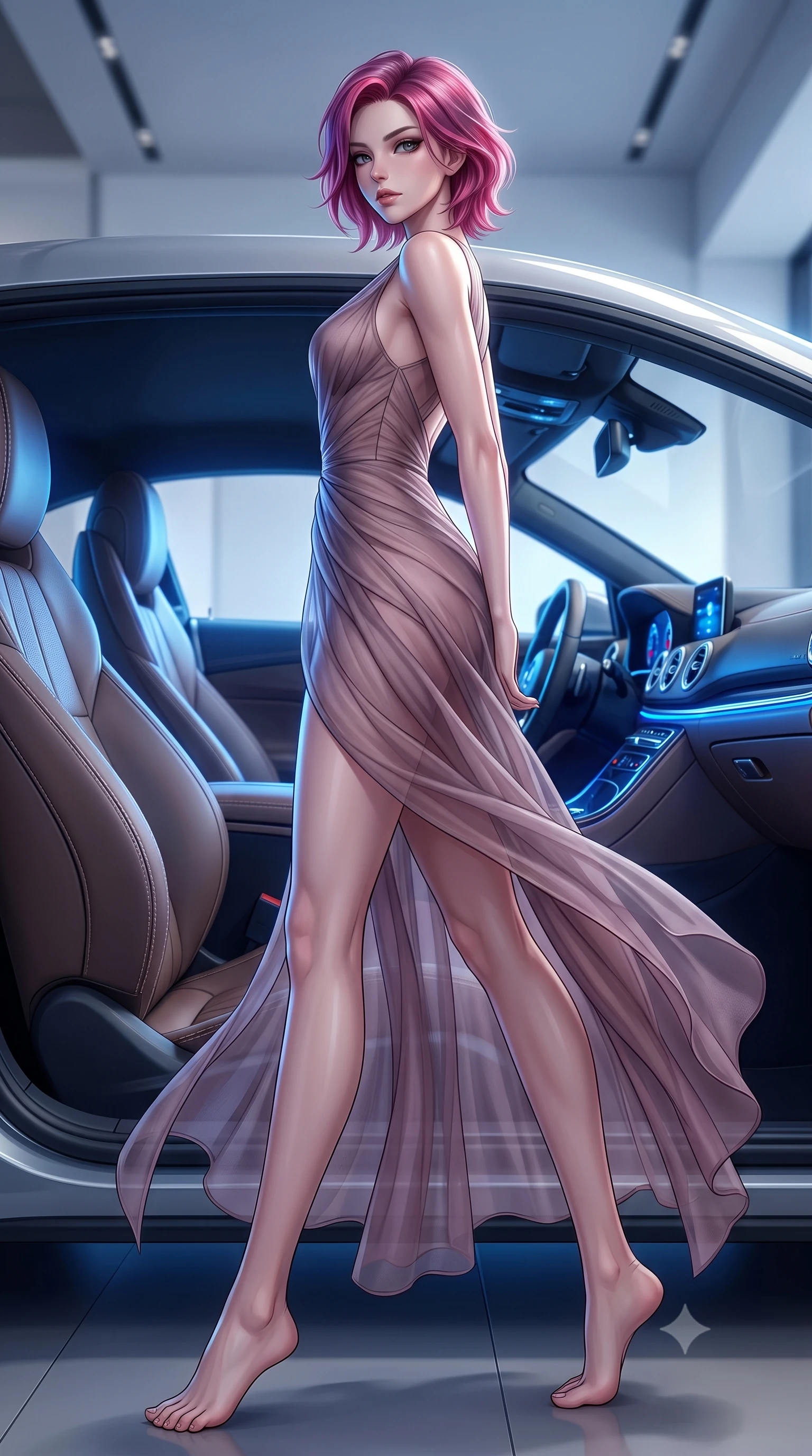 score_9, masterpiece, best quality, ultra-detailed, high-budget anime keyframe, editorial fashion photography, tasteful artistic composition, Caucasian woman. low angle full-body shot from head to toe showing her feet, filling the entire 9:16 vertical frame with her statuesque presence, stretching her vertical silhouette. stepping gracefully while looking back over her shoulder, her dress draped tightly to reveal her silhouette the background shows a soft-focus the leather seat interior of a luxury sports car parked inside a modern showroom. She has an absolutely perfect, statuesque 8.5-heads proportion, an exceptionally tall and slender model-like female figure with impossibly long slender legs and an ultra-slim waist. sharp v-shaped jawline, high-bridge nose, intricate jewel-like eyes with depth, thick eyelashes, glossy lips with a natural sheen. wearing a slim-fit sheer organza dress in dusty mauve, showing her slender torso and willowy silhouette. dramatic blue dashboard lights highlighting the contours of her athletic build. ultra-reflective glossy finish, specular highlights, metallic sheen, high-contrast stereoscopic depth, volumetric dynamic lighting, 2k, ultra detail, master piece, 9:16 ratio