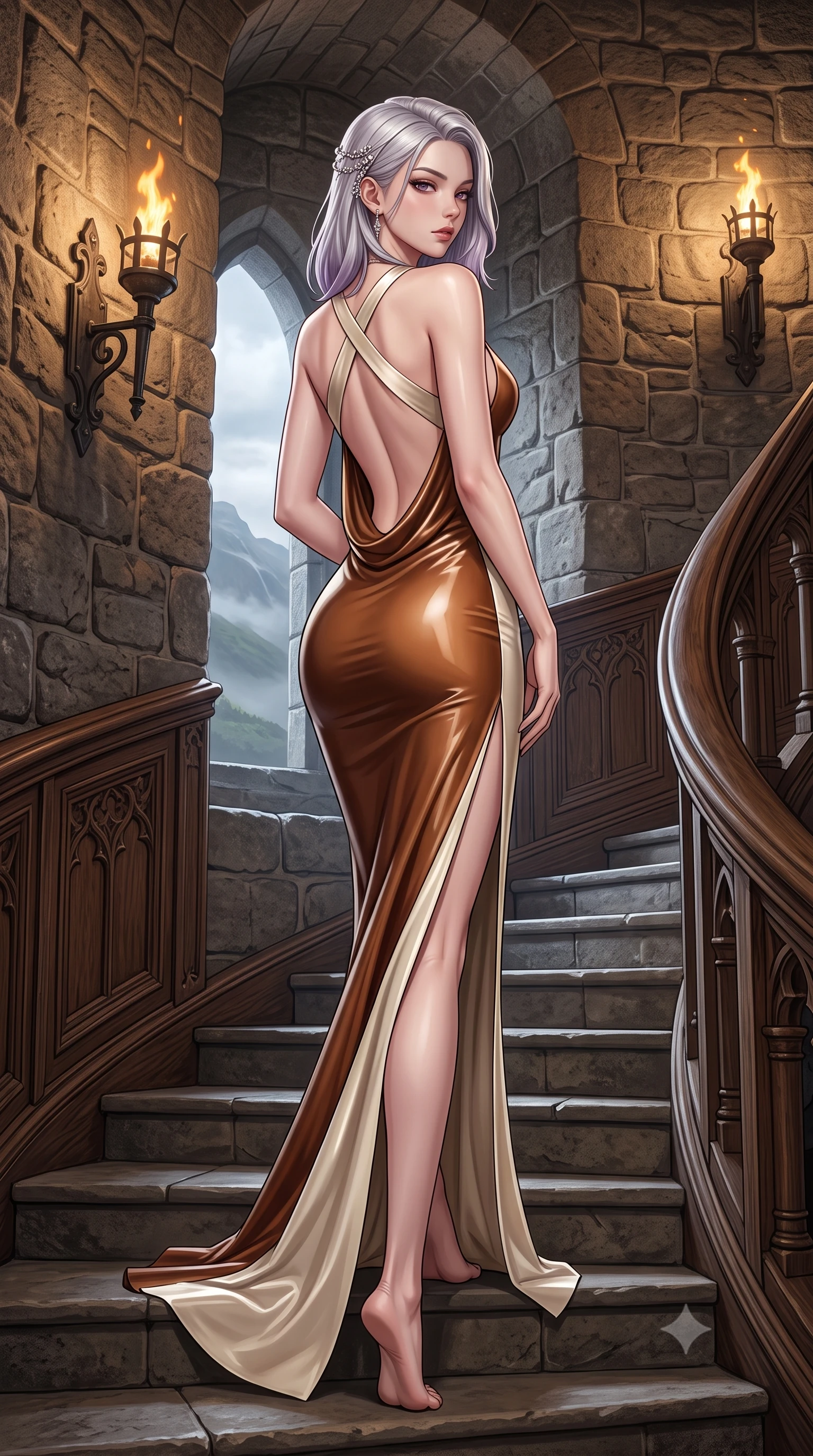 score_9, masterpiece, best quality, ultra-detailed, high-budget anime keyframe, semi-realistic 3D game render, editorial fashion photography, tasteful artistic composition, Caucasian woman. low angle full-body shot from head to toe showing her feet, filling the entire 9:16 vertical frame with her statuesque presence, stretching her vertical silhouette. posing with back turned slightly to the lens, glancing back with smoldering allure as she arches her lower back to emphasize her sculpted feminine hips and slender waist while gliding down the spiraling stone castle staircase with supermodel poise, her high-slit skirt opening to reveal her long slender legs and curvy hips. The surrounding environment is rendered in vivid detail and crisp panoramic clarity. sharp aged castle masonry grain, wrought-iron wall sconces, and carved oak wood textures in deep focus. She has an exceptionally tall and slender model-like 8.5-heads proportion, an ultra-slim waist, a flat toned midriff, narrow delicate ribcage, and beautifully sculpted feminine hips creating a graceful, slim hourglass silhouette without any bulky heaviness, with impossibly long slender legs. sharp v-shaped jawline, high-bridge nose, intricate jewel-like eyes with depth, thick eyelashes, glossy parted lips with a natural sheen, intensely captivating and seductive bedroom-eyes expression, flawlessly proportioned anatomical accuracy, strict slender model proportions, natural body alignment, perfectly sculpted long slender limbs, ultra-slim waistline, clean dynamic posture without body distortion. wearing a sculptured liquid-satin mermaid gown with an ultra-deep cowl back descending to the base of her spine in rich equestrian cognac brown and crisp champagne cream, tailored from second-skin aerodynamic stretch vinyl with specular wet sheen, finished with criss-cross back satin straps highlighting her graceful shoulder blades, the liquid-tight tailored fabric clinging flawlessly to her narrow waist and rounded feminine hips, emphasizing every millimeter of her sculpted slim hourglass curves without any bulky heaviness. surrounded by an aristocratic, untamed, and dangerously captivating Scottish highland duchess aura. highly saturated vibrant anime colors, detailed shading with soft gradients, rich glossy textures, high-contrast stereoscopic depth, volumetric dynamic lighting, master piece, 9:16 ratio