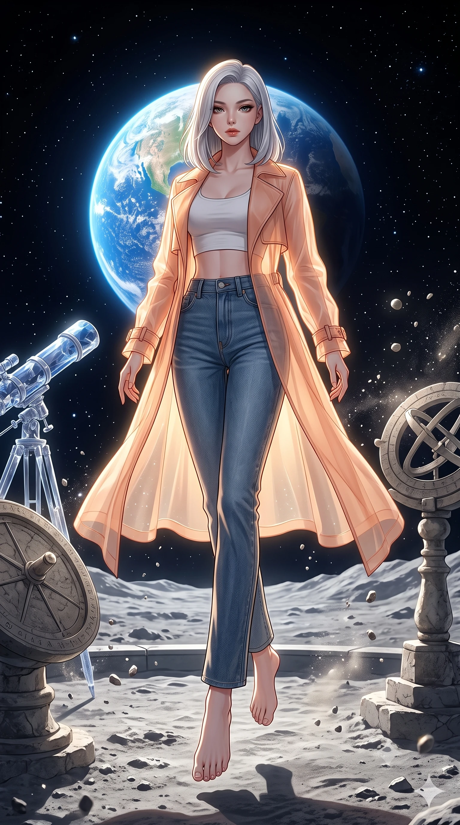 score_9, masterpiece, best quality, ultra-detailed, high-budget anime keyframe, editorial fashion photography, tasteful artistic composition, Korean woman. low angle full-body shot from head to toe showing her feet, filling the entire 9:16 vertical frame with her statuesque presence, stretching her vertical silhouette. floating with ethereal lightness within an open-air observation terrace on the moon's surface with crystalline telescopes pointing toward the blue Earth hanging in the black sky lunar dust particles floating weightlessly around ancient stone instruments. She has a statuesque 8.5-heads proportion, an exceptionally tall, slender and willowy model-like build with impossibly long legs and a highly sculpted ultra-slim waist. sharp v-shaped jawline, high-bridge nose, intricate jewel-like eyes with depth, thick eyelashes, glossy lips with a natural sheen. wearing a sheer peach organza trench coat worn open over a white crop top and high-waisted raw denim jeans. dramatic chiaroscuro with a single golden key light sculpting her silhouette. 2k, ultra detail, master piece, 9:16 ratio