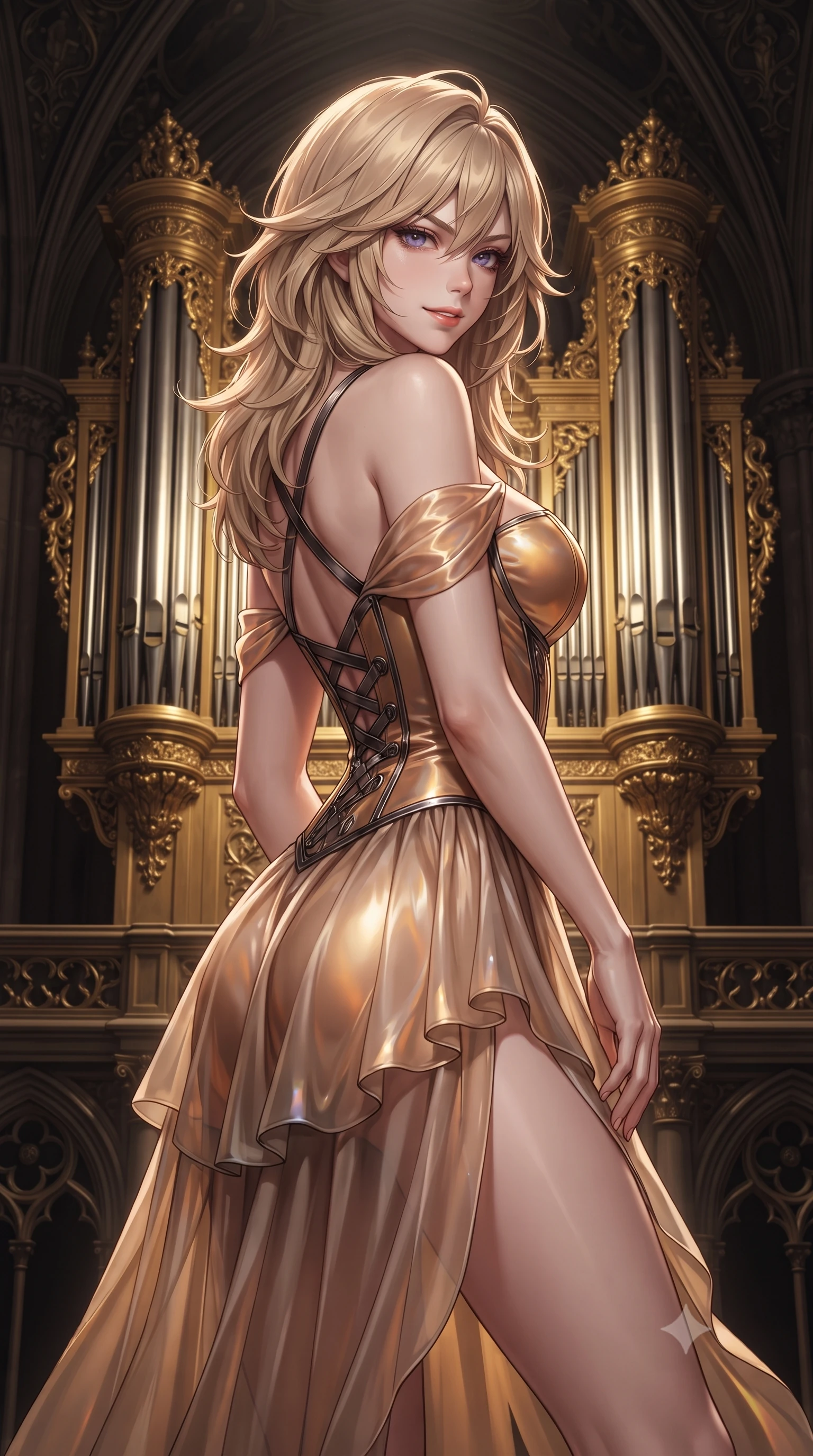 score_9, masterpiece, best quality, ultra-detailed, high-budget anime keyframe, editorial fashion photography, tasteful artistic composition, Japanese woman. close-up cowboy shot from the waist and thighs up, the character dominates the composition, filling the frame with her large presence. turning over a bare shoulder with an intoxicating, teasing smile, her soft hair framing her sharp jawline as her hips angle gracefully while standing poised before a colossal gold-leaf pipe organ, twisting her slender torso in an alluring S-curve with smoldering gothic bedroom-eyes. The surrounding environment is rendered in vivid detail and crisp panoramic clarity. intense theatrical chiaroscuro and decadent gothic romance aesthetics rendered with precision. She has an exceptionally elegant, slender, and willowy female figure with an ultra-slim waist, flat toned midriff, narrow ribcage, and sculpted feminine hips creating an alluring, slim hourglass silhouette without bulk. sharp v-shaped jawline, high-bridge nose, intricate jewel-like eyes with depth, thick eyelashes, glossy parted lips with a natural sheen, intensely captivating and seductive bedroom-eyes expression, flawlessly proportioned anatomical accuracy, strict slender model proportions, natural body alignment, perfectly sculpted long slender limbs, ultra-slim waistline, clean dynamic posture without body distortion. wearing an off-shoulder French court corset bodice dress paired with a tiered translucent chiffon slit skirt in molten amber-gold and dark gunmetal, tailored from ultra-smooth duchess satin with a pearlescent sheen, finished with criss-cross back satin straps highlighting her graceful shoulder blades, the glove-like aerodynamic silhouette tightly following the natural contour of her hips and long slender legs with statuesque 8.5-heads elegance. surrounded by an immortal, seductive, and dangerously mesmerizing underground opera queen aura. ultra-reflective glossy finish, specular highlights, rich textural contrasts, high-contrast stereoscopic depth, volumetric dynamic lighting, 2k, ultra detail, master piece, 9:16 ratio
