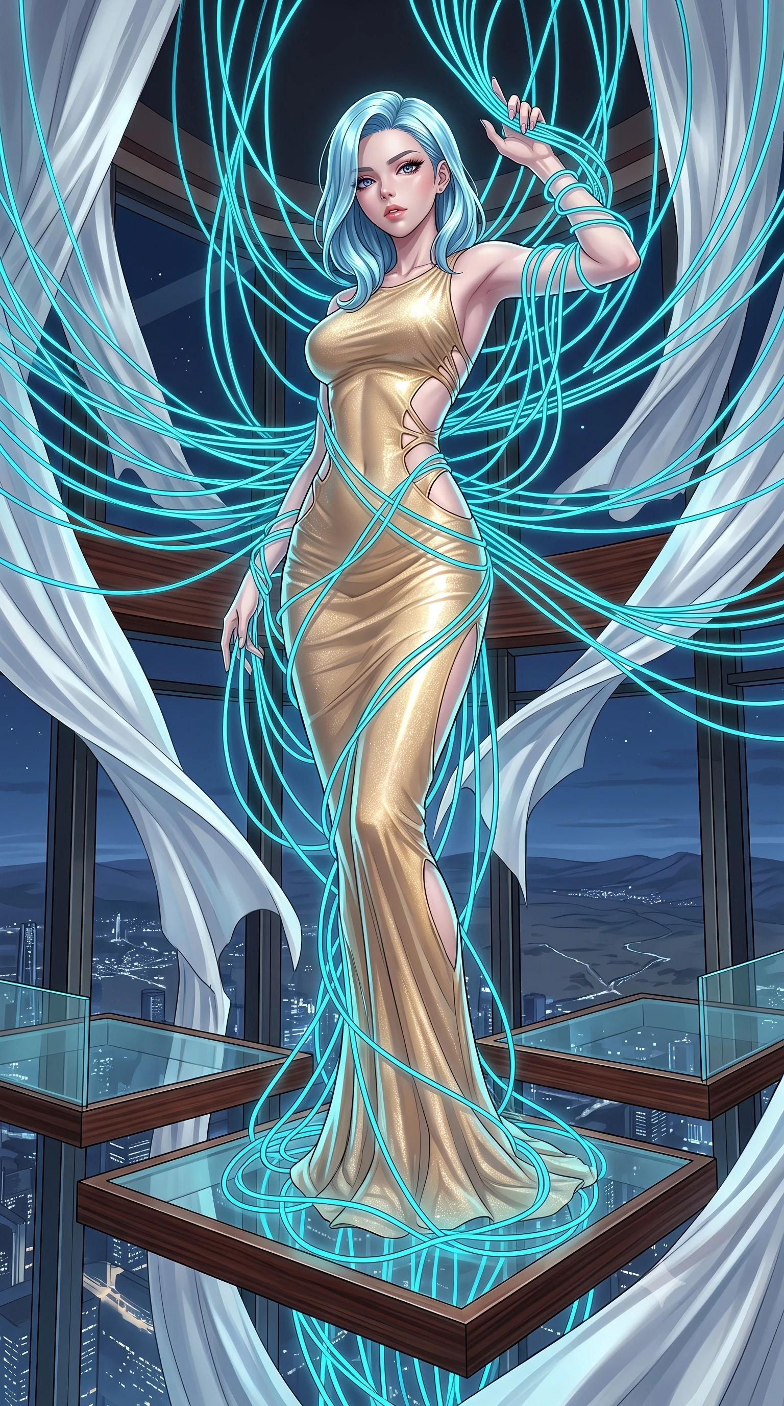 score_9, masterpiece, best quality, ultra-detailed, High-budget Anime Keyframe, East Asian woman. Low angle cowboy shot filling the entire 9:16 frame with her statuesque presence. Scenario 364: tangled in a web of glowing cyan fiber-optic cables inside a luxury sky-lounge with floating glass platforms and white silk drapes. Her presence is magnetic and overpowering in this high-budget anime scene. Outfit 364: a body-hugging shimmering chiffon gold with a strategic side cut-outs and tight-fitting silhouette. The clothing is designed to emphasize her exceptionally tall and slender 8-heads proportion. 8-heads proportion, towering silhouette, ultra-slim waist. sharp v-shaped jawline, intricate jewel-like eyes with depth, thick eyelashes, glossy lips. 2k, ultra detail, master piece, 9:16 ratio