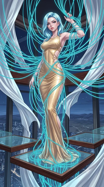 score_9, masterpiece, best quality, ultra-detailed, High-budget Anime Keyframe, East Asian woman. Low angle cowboy shot filling the entire 9:16 frame with her statuesque presence. Scenario 364: tangled in a web of glowing cyan fiber-optic cables insi