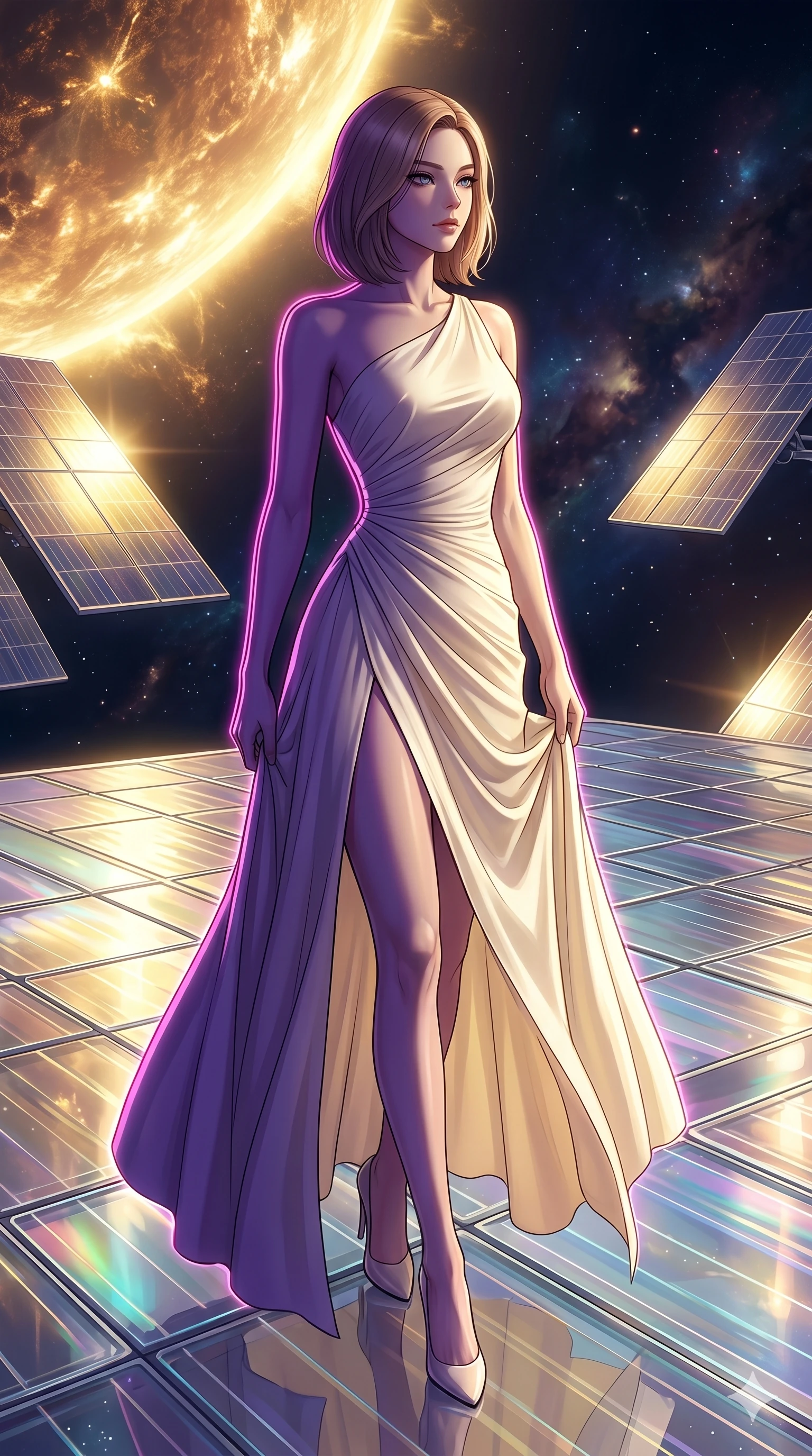 score_9, masterpiece, best quality, ultra-detailed, high-budget anime keyframe, editorial fashion photography, tasteful artistic composition, Korean woman. cowboy shot from the thighs up, character and outfit filling the frame for maximum editorial presence. Gazing past the camera with an air of effortless superiority and calm confidence on a floating solar sail deck reflecting the brilliant gold light of a dying star. She has an absolutely perfect 8-heads proportion, an exceptionally tall and slender female figure with impossibly long slender legs and an ultra-slim waist. V-shaped jawline, high-bridge nose, intricate jewel-like eyes with depth, thick eyelashes, glossy lips with a natural sheen. wearing a sculpted ivory silk gown with an asymmetric collar line and a daring front slit to mid-thigh. bathed in a deep violet shadow with a single neon pink laser line tracing the edge of her silhouette. 2k, ultra detail, master piece, 9:16 ratio