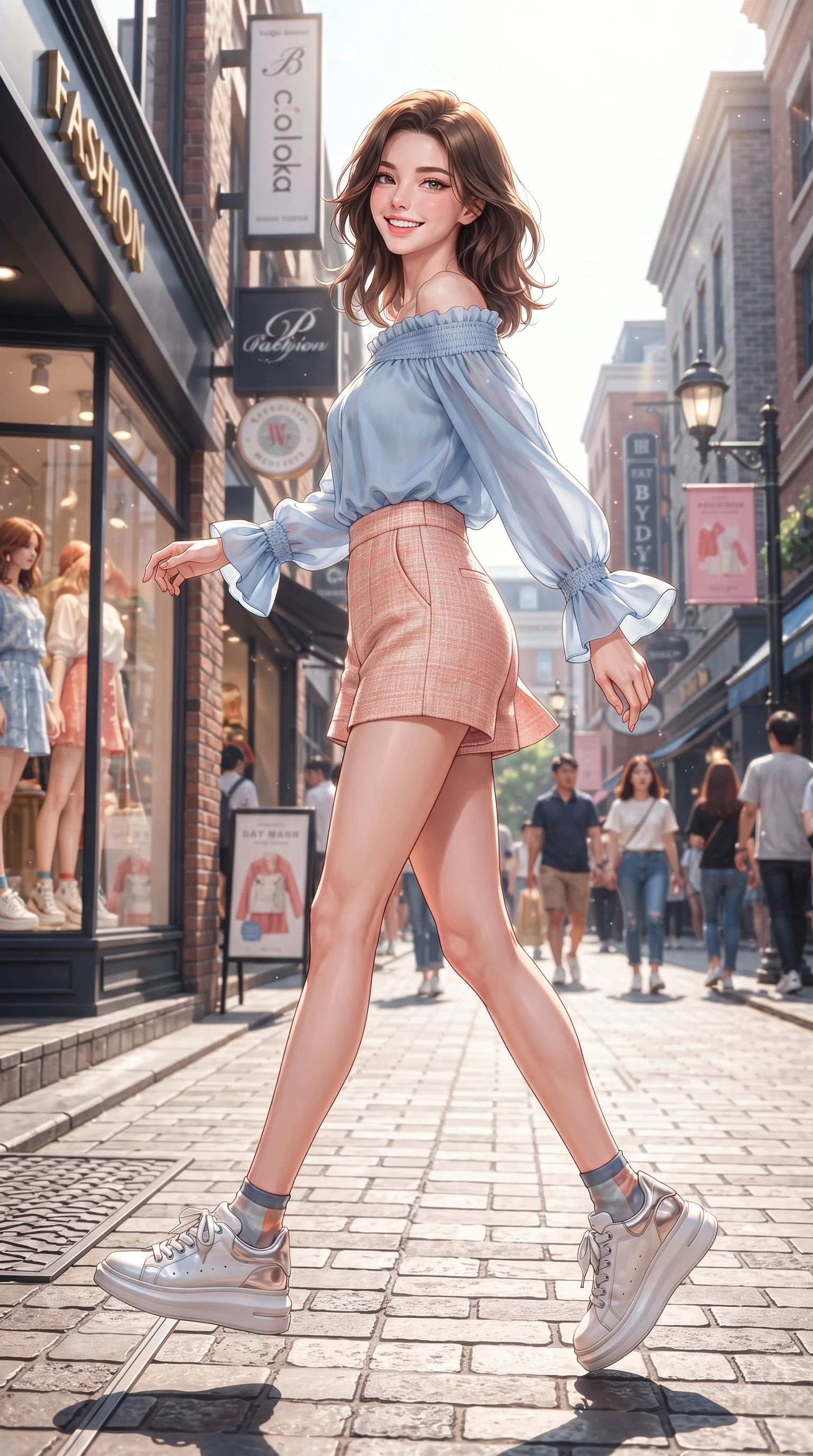 score_9, masterpiece, best quality, ultra-detailed, high-budget anime keyframe, editorial fashion photography, tasteful artistic composition, Korean woman. low angle full-body shot from head to toe showing her feet, filling the entire 9:16 vertical frame with her statuesque presence, stretching her vertical silhouette. performing a cheerful mid-motion turn with flawless poise, her radiant smile capturing fresh girlhood energy while pivoting in a stylish stride under bright sunbeams on a bustling college town fashion avenue. The surrounding environment is rendered in vivid detail and crisp panoramic clarity. intricate fashion window displays, trendy signage, and urban street textures in deep focus. She has an absolutely perfect, statuesque 8.5-heads proportion, an exceptionally tall and slender model-like female figure with impossibly long slender legs and an ultra-slim waist. sharp v-shaped jawline, high-bridge nose, intricate jewel-like eyes with depth, thick eyelashes, glossy lips with a natural sheen, flawlessly proportioned anatomical accuracy, natural body alignment, perfectly sculpted elegant limbs, clean dynamic posture without body distortion. wearing a light blue off-shoulder chiffon blouse paired with tailored ivory shorts in warm coral pink and champagne ivory, tailored from soft pastel tweed with subtle metallic thread, accented with soft smocked details and fluttery cuffs, the breezy lightweight fabric fluttering softly against her delicate frame. surrounded by a trendy, youthful, and energetic fashion street aura. ultra-reflective glossy finish, specular highlights, metallic sheen, high-contrast stereoscopic depth, volumetric dynamic lighting, 2k, ultra detail, master piece, 9:16 ratio