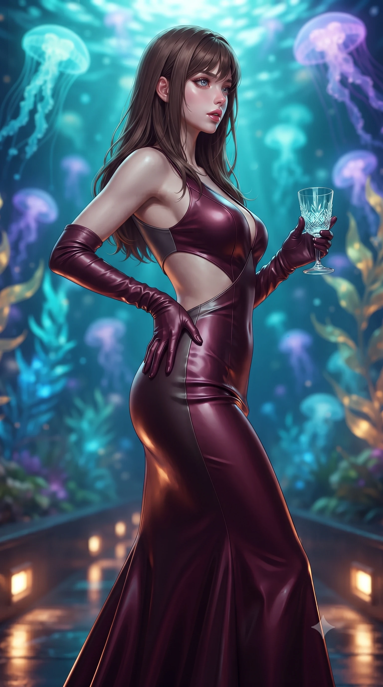 score_9, masterpiece, best quality, ultra-detailed, high-budget anime keyframe, editorial fashion photography, tasteful artistic composition, Korean woman. close-up cowboy shot from the waist and thighs up, the character dominates the composition, filling the frame with her large presence. arching her spine backward with effortless dancer poise, one hand sliding along her hip line as directional light carves specular highlights along her silhouette while striding gracefully down the water-tunnel corridor, her liquid-finish dress clinging to her narrow waist and long slender legs. The composition keeps background elements in soft focus with creamy bokeh. bioluminescent deep-sea jellyfish and glowing blue sea kelp blurred into ethereal turquoise, violet, and aquatic-gold bokeh. She has an exceptionally elegant, slender, and willowy female figure with an ultra-slim waist, flat toned midriff, narrow ribcage, and sculpted feminine hips creating an alluring, slim hourglass silhouette without bulk. sharp v-shaped jawline, high-bridge nose, intricate jewel-like eyes with depth, thick eyelashes, glossy parted lips with a natural sheen, intensely captivating and seductive bedroom-eyes expression, flawlessly proportioned anatomical accuracy, strict slender model proportions, natural body alignment, perfectly sculpted long slender limbs, ultra-slim waistline, clean dynamic posture without body distortion. wearing a sculptured liquid-satin mermaid gown with an architectural open-waist cutout and bare spine in deep wine burgundy and brushed dark platinum, made of fluid silk crepe with delicate inner corsetry boning, accessorized with opera-length satin gloves and a vintage crystal glass, the glove-like aerodynamic silhouette tightly following the natural contour of her hips and long slender legs with statuesque 8.5-heads elegance. bathed in cool aquatic turquoise bioluminescent downlights and warm floor-level amber uplights. ultra-reflective glossy finish, specular highlights, rich textural contrasts, high-contrast stereoscopic depth, volumetric dynamic lighting, 2k, ultra detail, master piece, 9:16 ratio