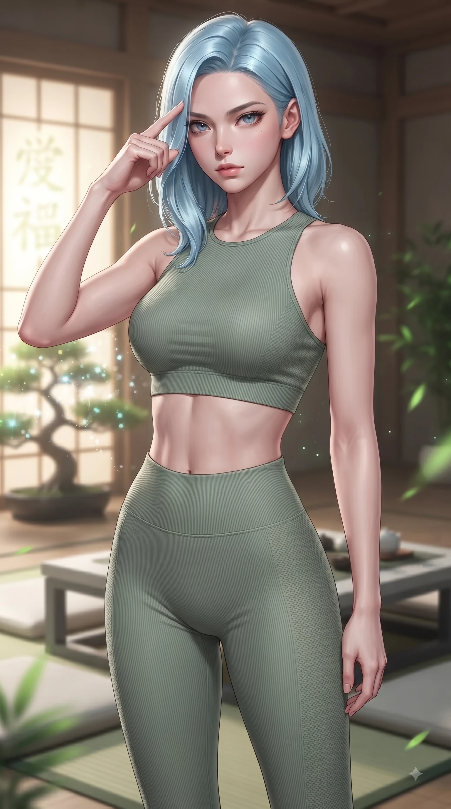 score_9, masterpiece, best quality, ultra-detailed, high-budget anime keyframe, editorial fashion photography, tasteful artistic composition, Korean woman woman. close-up cowboy shot from the waist and thighs up, the character dominates the composition, filling the frame with her large presence, background elements kept in soft focus. She has an exceptionally elegant, slender, and willowy female figure with an ultra-slim waist, a gracefully sculpted slender torso, and a refined silhouette. pressing two fingers to her temple in a composed gesture, gazing past the camera with sharp focus, flawlessly proportioned anatomical accuracy, natural body alignment, perfectly sculpted elegant limbs, clean dynamic posture without body distortion. set against a soft-focus background of a cyber-zen tea room with digital shoji screens and bonsai. wearing a tight-fitting sage green ribbed activewear set with a body-hugging silhouette. bathed in soft warm wooden ambient glow with gentle green digital plant highlights. ultra-reflective glossy finish, specular highlights, metallic sheen, high-contrast stereoscopic depth, volumetric dynamic lighting, 2k, ultra detail, master piece, 9:16 ratio