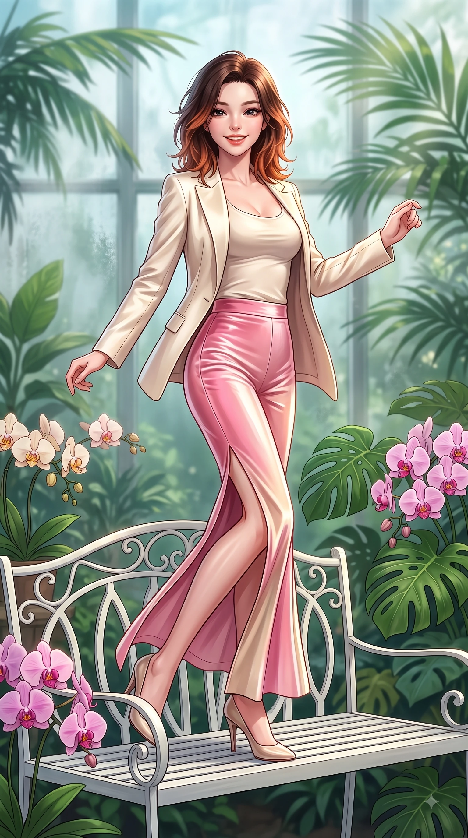 score_9, masterpiece, best quality, ultra-detailed, high-budget anime keyframe, editorial fashion photography, tasteful artistic composition, Korean woman. low angle full-body shot from head to toe showing her feet, filling the entire 9:16 vertical frame with her statuesque presence, stretching her vertical silhouette. performing a cheerful mid-motion turn with flawless poise, her radiant smile capturing fresh girlhood energy while sitting on a white iron garden bench surrounded by blooming orchids and Monstera leaves. The composition keeps background elements in soft focus with dreamy bokeh. tropical plant foliage and misty glass panes blurred into a dreamy emerald background bokeh. She has an absolutely perfect, statuesque 8.5-heads proportion, an exceptionally tall and slender model-like female figure with impossibly long slender legs and an ultra-slim waist. sharp v-shaped jawline, high-bridge nose, intricate jewel-like eyes with depth, thick eyelashes, glossy lips with a natural sheen, flawlessly proportioned anatomical accuracy, natural body alignment, perfectly sculpted elegant limbs, clean dynamic posture without body distortion. wearing a tailored cream silk blazer over a fitted scoop-neck camisole and slacks in bright cherry blossom pink and champagne, made of lustrous stretch velvet, featuring a sleek side leg slit ascending to mid-thigh, the sleek second-skin texture accentuating her magnetic presence. surrounded by a peaceful, sun-drenched, and healing greenhouse atmosphere. highly saturated vibrant anime colors, detailed shading with soft gradients, rich glossy textures, high-contrast stereoscopic depth, volumetric dynamic lighting, master piece, 9:16 ratio