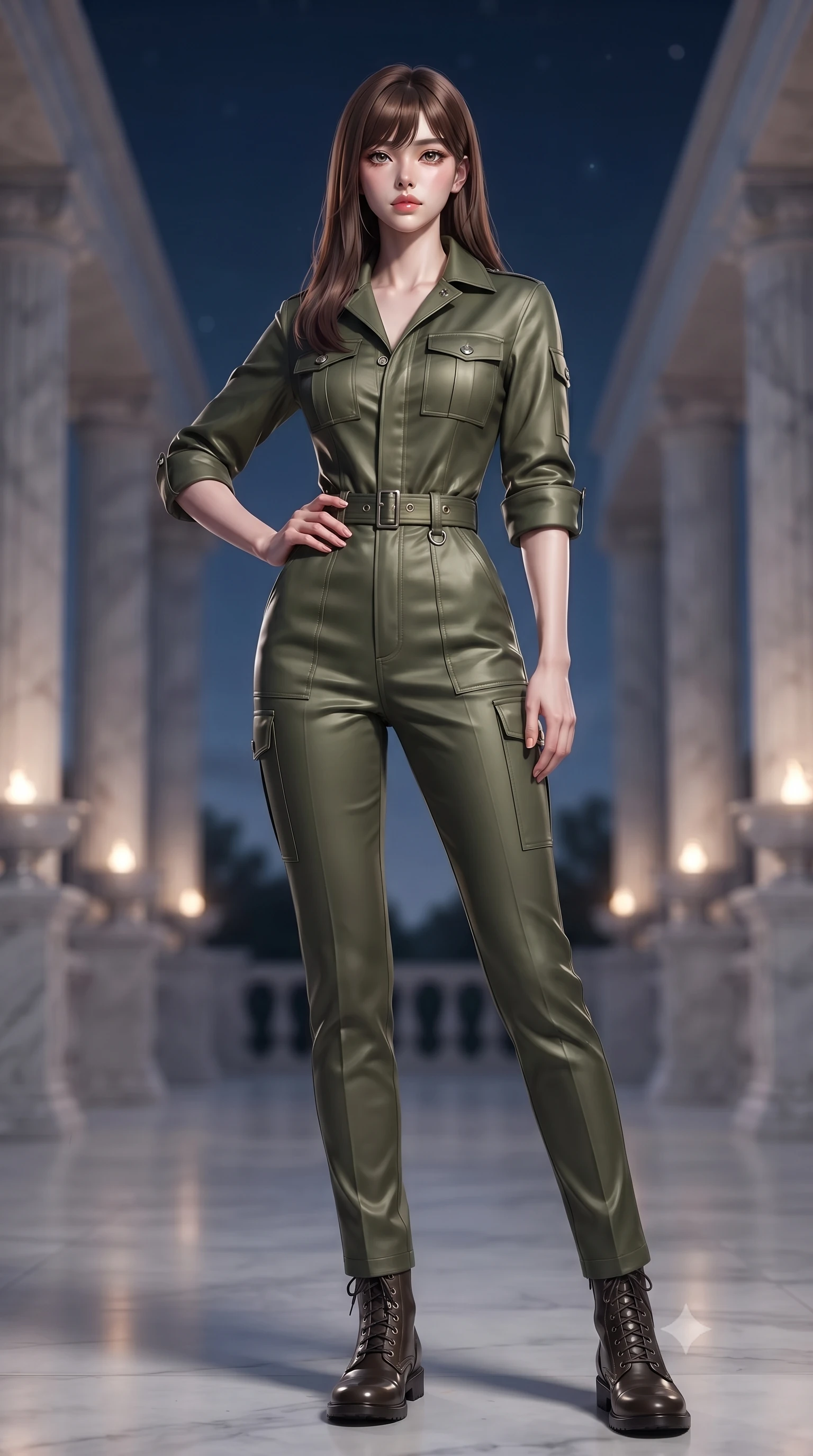 score_9, masterpiece, best quality, ultra-detailed, high-budget anime keyframe, editorial fashion photography, tasteful artistic composition, Korean woman. low angle full-body shot from head to toe showing her feet, filling the entire 9:16 vertical frame with her statuesque presence, stretching her vertical silhouette. posing confidently with one hand on her hip, stretching her statuesque body to emphasize her curves the background shows a soft-focus a quiet sanctuary terrace lined with white marble pillars and glowing starlight urns. She has an absolutely perfect, statuesque 8.5-heads proportion, an exceptionally tall and slender model-like female figure with impossibly long slender legs and an ultra-slim waist. sharp v-shaped jawline, high-bridge nose, intricate jewel-like eyes with depth, thick eyelashes, glossy lips with a natural sheen. wearing a slim-fit comfortable olive green cotton utility jumpsuit with a structured collar and rolled-up sleeves. soft diffused ambient starlight casting gentle shadows across her form. ultra-reflective glossy finish, specular highlights, metallic sheen, high-contrast stereoscopic depth, volumetric dynamic lighting, 2k, ultra detail, master piece, 9:16 ratio