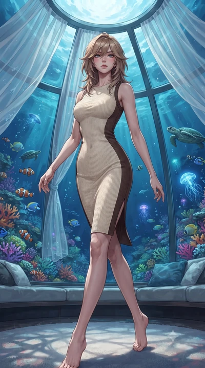 score_9, masterpiece, best quality, ultra-detailed, high-budget anime keyframe, editorial fashion photography, tasteful artistic composition, Japanese woman. low angle full-body shot from head to toe showing her feet, filling the entire 9:16 vertical