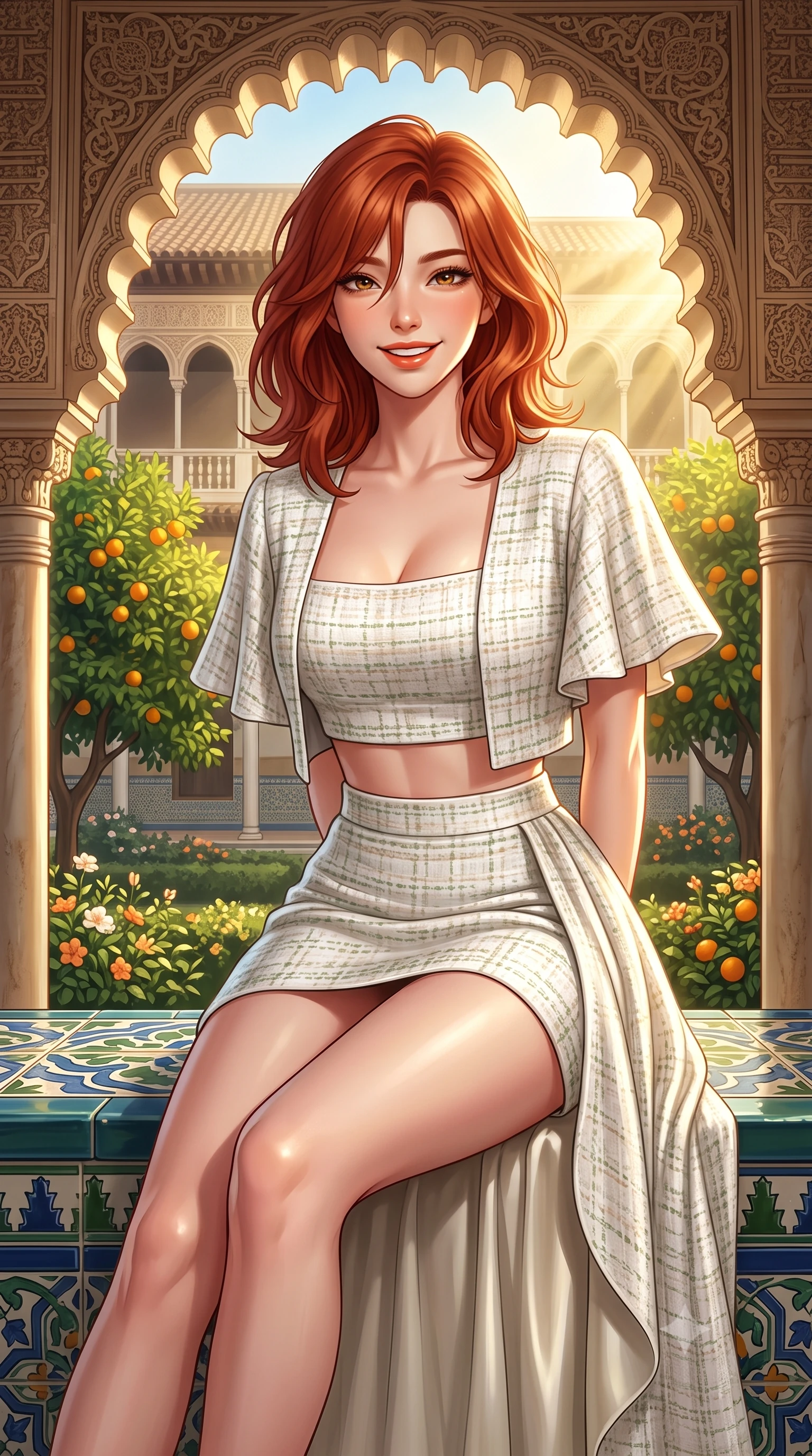 score_9, masterpiece, best quality, ultra-detailed, high-budget anime keyframe, semi-realistic 3D game render, editorial fashion photography, tasteful artistic composition, Korean woman. close-up cowboy shot from the waist and thighs up, the character dominates the composition, filling the frame with her large presence. resting both hands lightly behind her back while leaning toward the lens with a cheerful, teasing grin, her form-fitting outfit hugging her narrow waist and feminine hip curve while sitting gracefully on the glazed ceramic bench bordering the orange garden, her long slender legs and toned curves commanding the frame. The surrounding environment is rendered in vivid detail and crisp panoramic clarity. detailed resort gown drape, sunburst highlights on skin, and Royal Alcázar architecture in razor-sharp clarity. She has an exceptionally elegant, slender, and willowy female figure with an ultra-slim waist, flat toned midriff, narrow ribcage, and sculpted feminine hips creating an alluring, slim hourglass silhouette without bulk. sharp v-shaped jawline, high-bridge nose, sparkling amber-hazel eyes with depth, long lush eyelashes, glossy sun-kissed lips with a warm coral glaze, radiant teasing smile with sensual sunlit bedroom-eyes, exuding effortless old-money elegance and intoxicating sun-drenched allure, flawlessly proportioned anatomical accuracy, strict slender model proportions, natural body alignment, perfectly sculpted long slender limbs, ultra-slim waistline, clean dynamic posture without body distortion. wearing a luxury white tweed two-piece resort set with a cropped jacket and ultra-fitted high-waisted mini skirt tracing her hips in sage green and warm almond beige, made of smooth fluid silk satin with a delicate pearlescent golden sheen, featuring elegant flutter sleeves and a graceful square neckline, the high-waisted tailoring accentuating her ultra-slim waistline and the enchanting curve of her feminine hips with alluring sunlit charm. bathed in dramatic Andalusian late-afternoon golden hour sunlight streaming through scalloped arches. highly saturated vibrant anime colors, detailed shading with soft gradients, rich glossy textures, high-contrast stereoscopic depth, volumetric dynamic lighting, master piece, 9:16 ratio