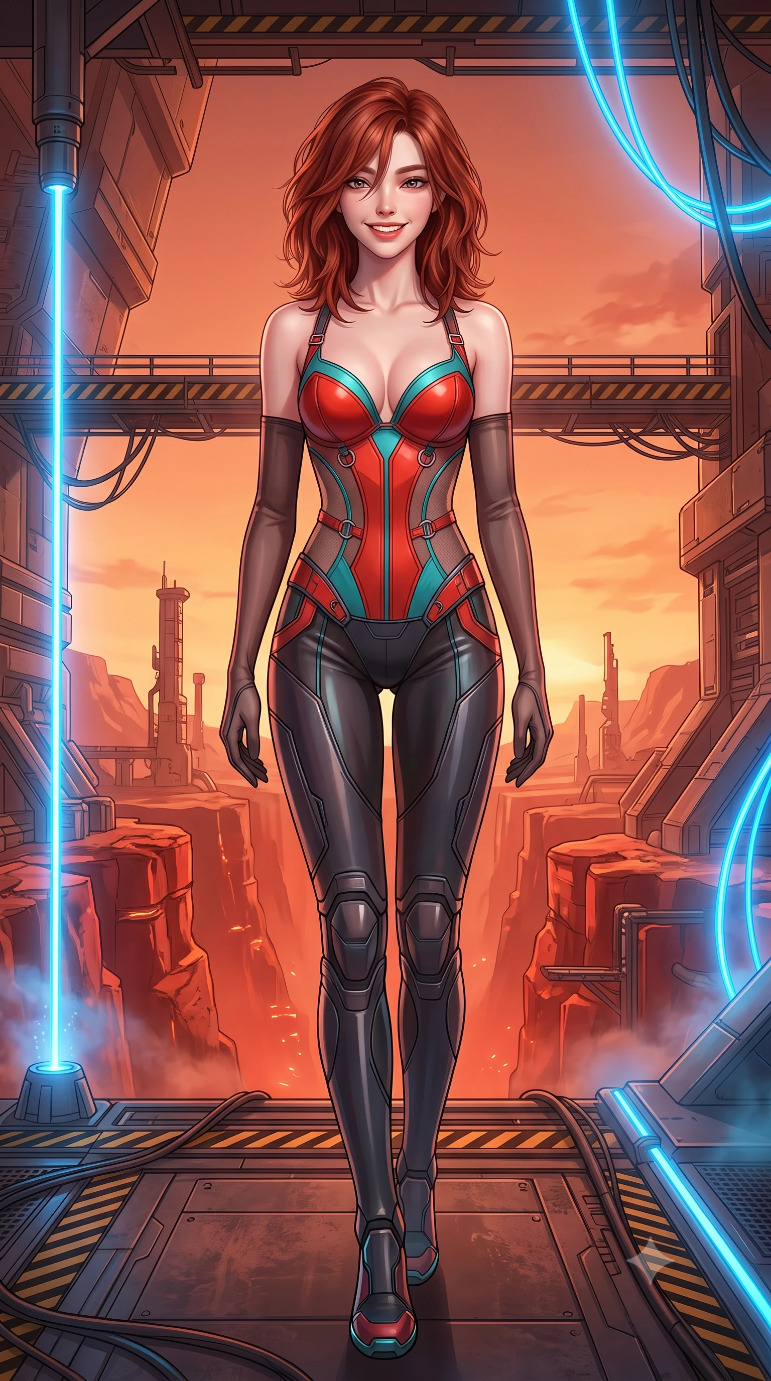 score_9, masterpiece, best quality, ultra-detailed, high-budget anime keyframe, semi-realistic 3D game render, editorial fashion photography, tasteful artistic composition, Korean woman. low angle full-body shot from head to toe showing her feet, filling the entire 9:16 vertical frame with her statuesque presence, stretching her vertical silhouette. stepping slowly toward the camera with hypnotic grace, hips swaying in an alluring sensual rhythm that accentuates her curvy hourglass silhouette and long slender legs while standing poised on the reinforced blast terrace jutting over the colossal red chasms of Valles Marineris, arching her back with breathtaking anime heroine charisma. The surrounding environment is rendered in vivid detail and crisp panoramic clarity: detailed anime combat uniform, vibrant shading, and monumental planetary terraforming architecture in razor-sharp precision. She has an exceptionally tall and slender model-like 8.5-heads proportion, an ultra-slim waist, a flat toned midriff, narrow delicate ribcage, and beautifully sculpted feminine hips creating a graceful, slim hourglass silhouette without any bulky heaviness, with impossibly long slender legs. sharp v-shaped jawline, high-bridge nose, intricate jewel-like sparkling eyes with depth, thick eyelashes, glossy parted lips with a natural peach sheen, bright cheerful beaming smile with an enchanting and coquettish sensual glint, exuding both youthful cute charm and seductive allure, flawlessly proportioned anatomical accuracy, strict slender model proportions, natural body alignment, perfectly sculpted long slender limbs, ultra-slim waistline, clean dynamic posture without body distortion. wearing an alluring plunging sweetheart tactical bodice with sheer mesh side-waist cutouts contouring her ribs in cyber-shinto vermilion and laser turquoise, adorned with delicate chrome ring hardware and cutouts along her slender waist, complemented by sheer opera-length evening gloves tracing her slender arms, the glove-like clinging cut tightly following the natural contour of her hips and long slender legs with youthful 8.5-heads elegance. bathed in rich 2000K warm terracotta sunset glow contrasted with brilliant electric-blue ionization laser conduits. highly saturated vibrant anime colors, detailed shading with soft gradients, rich glossy textures, high-contrast stereoscopic depth, volumetric dynamic lighting, master piece, 9:16 ratio