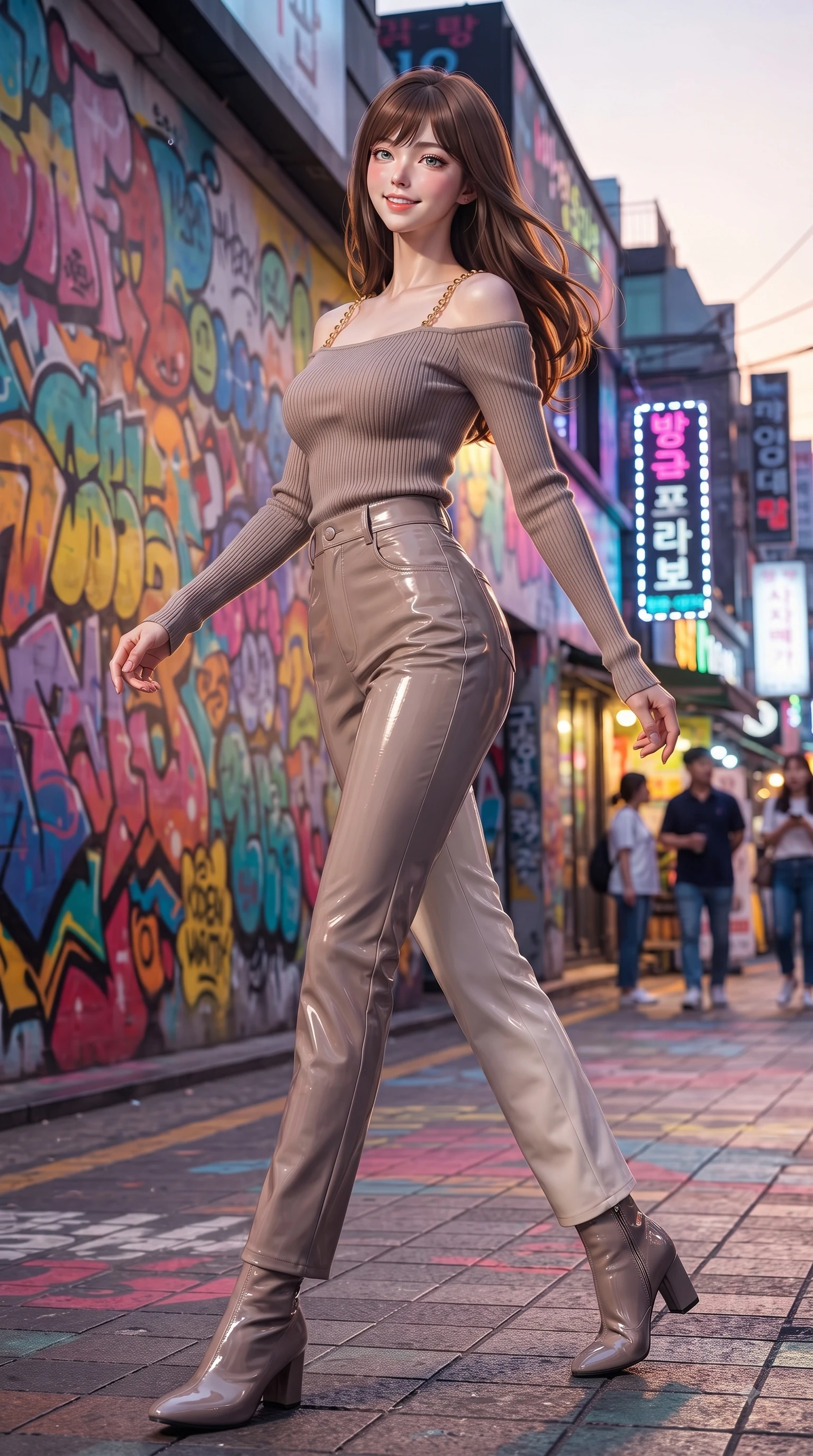 score_9, masterpiece, best quality, ultra-detailed, high-budget anime keyframe, editorial fashion photography, tasteful artistic composition, Korean woman. low angle full-body shot from head to toe showing her feet, filling the entire 9:16 vertical frame with her statuesque presence, stretching her vertical silhouette. pivoting dynamically in mid-motion with a delighted cute expression, displaying her perfect model proportions while poised gracefully in front of a colorful graffiti wall on Hongdae fashion street at golden hour, vibrant urban street art and neon shop signs casting colorful ambient light around her. She has an absolutely perfect, statuesque 8.5-heads proportion, an exceptionally tall and slender model-like female figure with impossibly long slender legs and an ultra-slim waist. sharp v-shaped jawline, high-bridge nose, intricate jewel-like eyes with depth, thick eyelashes, glossy lips with a natural sheen, flawlessly proportioned anatomical accuracy, natural body alignment, perfectly sculpted elegant limbs, clean dynamic posture without body distortion. wearing a sleek off-shoulder ribbed knit top paired with high-waist tailored pants in muted taupe and soft ivory, tailored from high-gloss patent leather, adorned with delicate metallic chain straps along the neckline, the glove-like fit emphasizing her statuesque silhouette during motion. surrounded by a lively, trendy street aura with rich specular highlights. ultra-reflective glossy finish, specular highlights, metallic sheen, high-contrast stereoscopic depth, volumetric dynamic lighting, 2k, ultra detail, master piece, 9:16 ratio