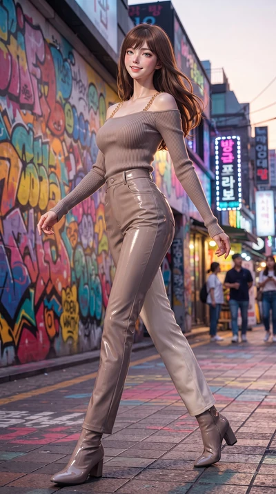 score_9, masterpiece, best quality, ultra-detailed, high-budget anime keyframe, editorial fashion photography, tasteful artistic composition, Korean woman. low angle full-body shot from head to toe showing her feet, filling the entire 9:16 vertical f
