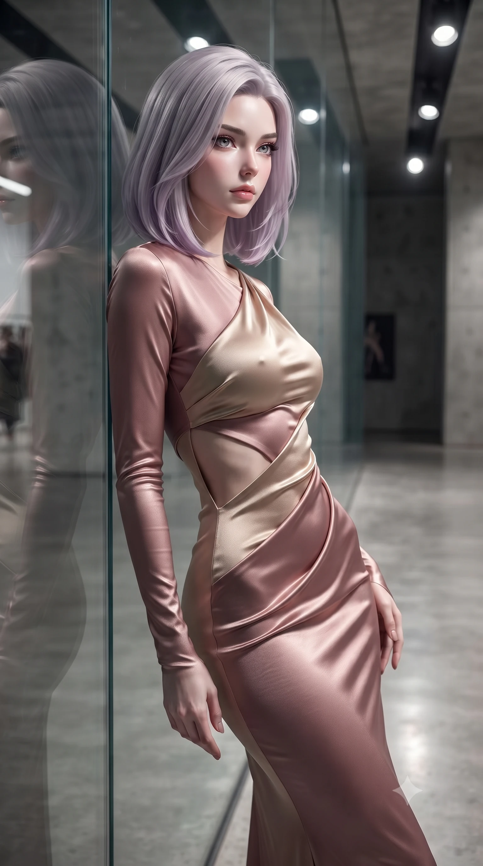 score_9, masterpiece, best quality, ultra-detailed, high-budget anime keyframe, editorial fashion photography, tasteful artistic composition, Caucasian woman. close-up cowboy shot from the waist and thighs up, the character dominates the composition, filling the frame with her large presence, background elements kept in soft focus. Gazing past the camera with an air of effortless elegance and mysterious confidence resting against a glass partition inside a sleek contemporary exhibition hall, sleek glass and polished concrete surfaces highlighting her statuesque form. She has an exceptionally elegant, slender, and willowy female figure with an ultra-slim waist, a gracefully sculpted slender torso, and a refined silhouette. sharp v-shaped jawline, high-bridge nose, intricate jewel-like eyes with depth, thick eyelashes, glossy lips with a natural sheen. wearing a precision-fitted liquid jersey bodycon dress with a draped back in dusty rose and champagne gold, crafted from lustrous satin jersey with fluid draping, featuring clean architectural cutouts along her slender torso, the glove-like fit emphasizing her statuesque silhouette. illuminated by dramatic high-contrast runway spotlights and clear ambient fill. ultra-reflective glossy finish, specular highlights, metallic sheen, high-contrast stereoscopic depth, volumetric dynamic lighting, 2k, ultra detail, master piece, 9:16 ratio