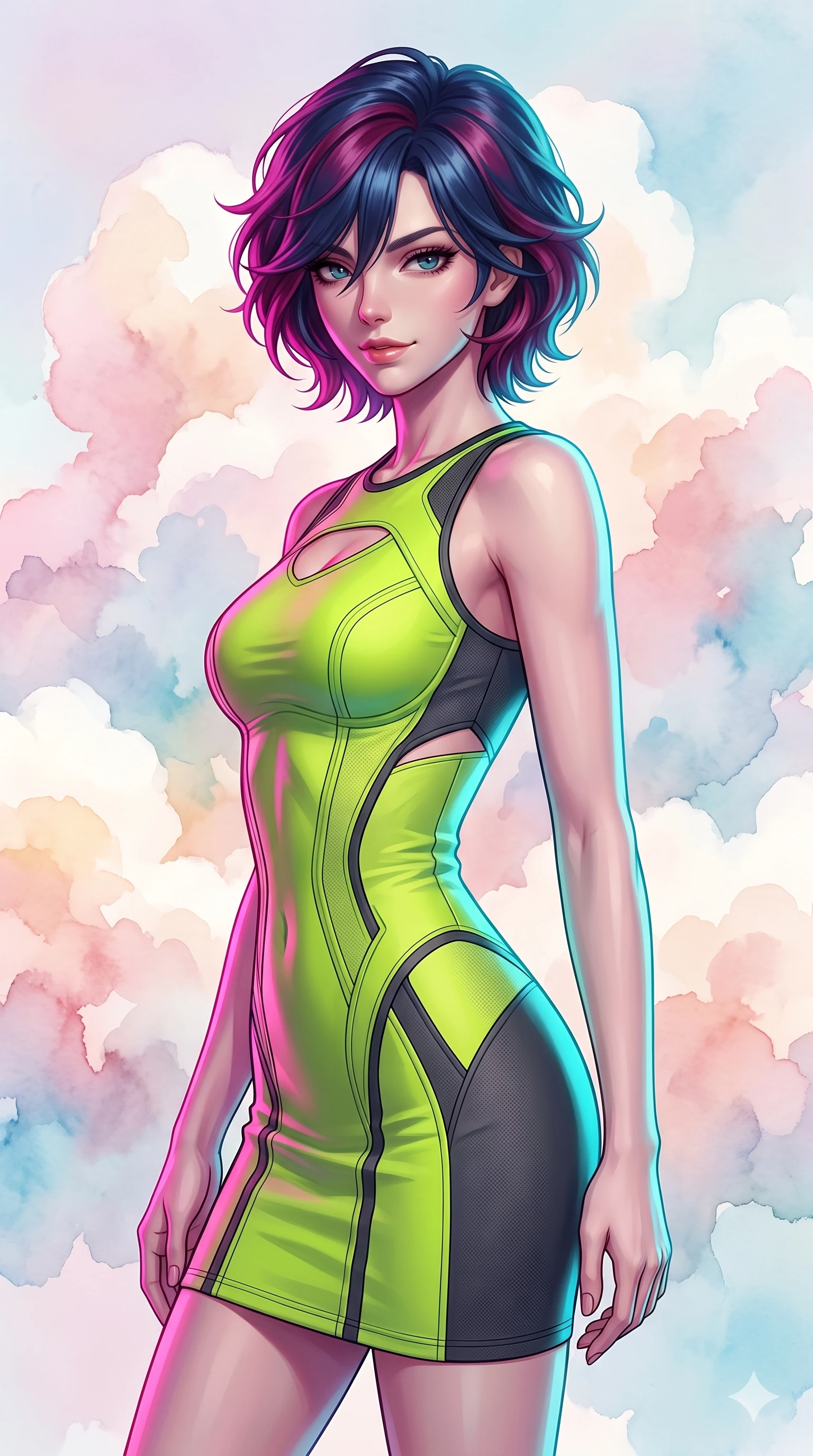 score_9, masterpiece, best quality, ultra-detailed, high-budget anime keyframe, editorial fashion photography, tasteful artistic composition, Korean woman. close-up cowboy shot from the waist and thighs up, the character dominates the composition, filling the frame with her large presence, background elements kept in soft focus. Glancing sidelong over her shoulder with a smoldering half-smile. set against a soft-focus background of floating among enormous clouds that are made of spreading watercolor washes in soft pastel tones each cloud a living painting that bleeds and blooms color into the surrounding atmosphere. She has an exceptionally elegant and slender, willowy female figure with an ultra-slim waist, a gracefully sculpted slender torso, and a refined slim physique. sharp v-shaped jawline, high-bridge nose, intricate jewel-like eyes with depth, thick eyelashes, glossy lips with a natural sheen. wearing a form-fitting athletic-cut dress in a neon lime and charcoal colorway, with sculpted seams that trace and emphasize her narrow waistline. dual-tone lighting with hot magenta from the left and cool cyan from the right. 2k, ultra detail, master piece, 9:16 ratio