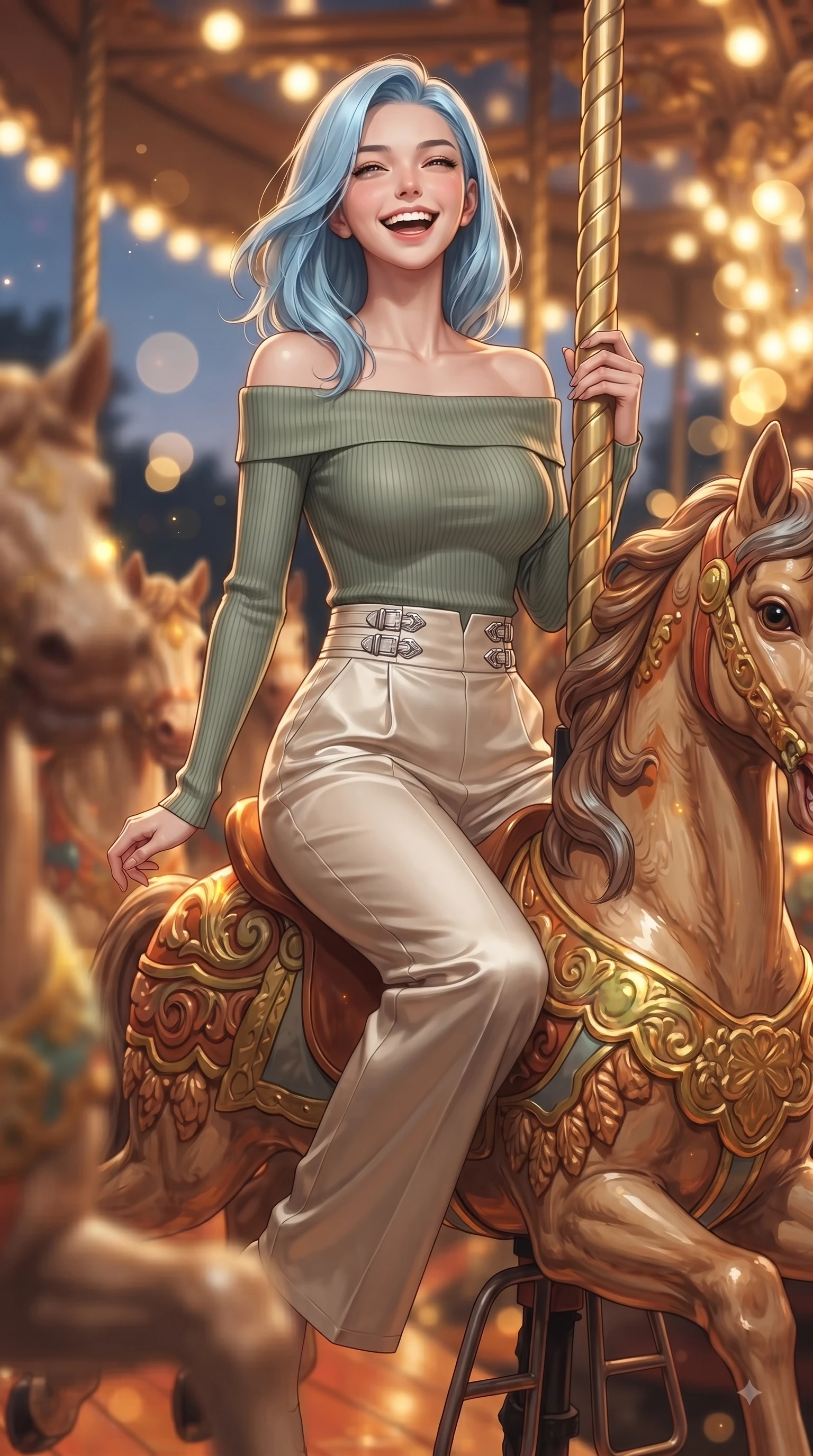 score_9, masterpiece, best quality, ultra-detailed, high-budget anime keyframe, editorial fashion photography, tasteful artistic composition, Korean woman. close-up cowboy shot from the waist and thighs up, the character dominates the composition, filling the frame with her large presence, background elements kept in soft focus. Tilting her chin up with a beaming smile of pure delight while balancing dynamically amidst the scene while riding a ornate wooden carousel horse with a pure, joyful laughing expression at dusk, ornate carved carousel horses with gold-leaf trim reflecting bright amber highlights. She has an exceptionally elegant, slender, and willowy female figure with an ultra-slim waist, a gracefully sculpted slender torso, and a refined silhouette. sharp v-shaped jawline, high-bridge nose, intricate jewel-like eyes with depth, thick eyelashes, glossy lips with a natural sheen, flawlessly proportioned anatomical accuracy, natural body alignment, perfectly sculpted elegant limbs, clean dynamic posture without body distortion. wearing a sleek off-shoulder ribbed knit top paired with high-waist tailored pants in sage green and oatmeal, crafted from lustrous satin jersey with fluid draping, detailed with polished silver buckles along the waistline, the sleek second-skin texture accentuating her magnetic presence. illuminated by cheerful festive backlighting with soft golden bokeh bubbles. ultra-reflective glossy finish, specular highlights, metallic sheen, high-contrast stereoscopic depth, volumetric dynamic lighting, 2k, ultra detail, master piece, 9:16 ratio
