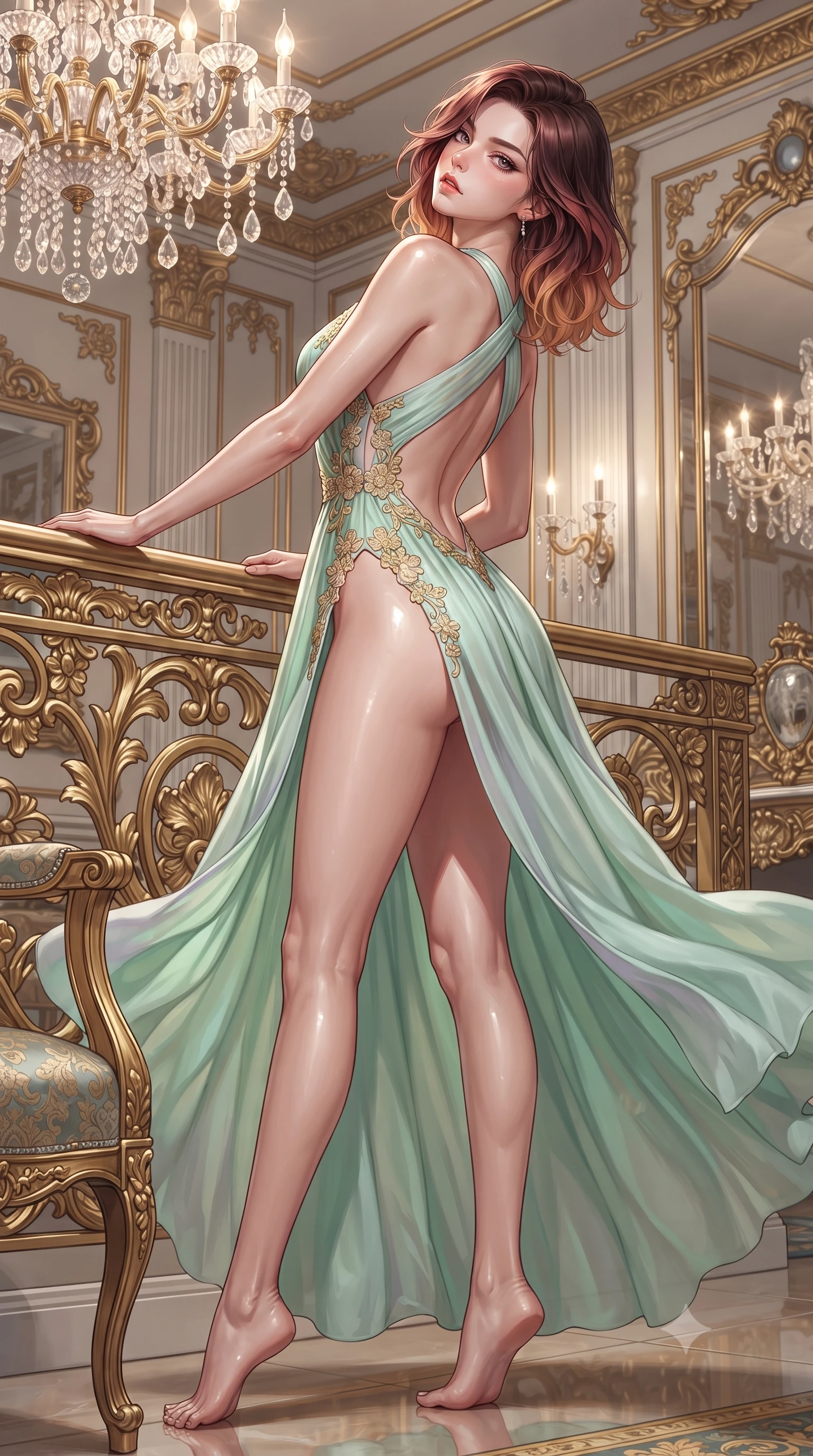 score_9, masterpiece, best quality, ultra-detailed, high-budget anime keyframe, editorial fashion photography, tasteful artistic composition, Korean woman. low angle full-body shot from head to toe showing her feet, filling the entire 9:16 vertical frame with her statuesque presence, stretching her vertical silhouette. executing an elegant mid-motion pivot turn as garments swirl around her slender limbs, glancing over her shoulder with an intoxicating bedroom-gaze while leaning back against an ornate gold-leaf balustrade under crystal chandeliers, head tilted back with bedroom-eyes locking onto the viewer. The surrounding environment is rendered in vivid detail and crisp panoramic clarity. detailed silk brocade patterns, antique mirror bevels, and pearl jewelry luster in high resolution. She has an absolutely perfect, statuesque 8.5-heads proportion, an exceptionally tall and slender model-like female figure with impossibly long slender legs, a toned flat midriff, an ultra-slim waist, and beautifully sculpted feminine hips. sharp v-shaped jawline, high-bridge nose, intricate jewel-like eyes with depth, thick eyelashes, glossy parted lips with a natural sheen, intensely captivating and seductive bedroom-eyes expression, flawlessly proportioned anatomical accuracy, strict slender model proportions, natural body alignment, perfectly sculpted long slender limbs, ultra-slim waistline, clean dynamic posture without body distortion. wearing an open-back mint-green silk chiffon ballgown with crossed halter straps and bare shoulders in pastel lavender mist and pearl white, tailored from fluid silk crepe with delicate inner corsetry boning, finished with delicate golden floral embroidery outlining the plunging neckline, the precision-cut side openings and low-back scoop framing her graceful spine and the sensual sweep of her hips. illuminated by crisp specular highlights defining her bare clavicle, ultra-slim waistline, and curvaceous hips. ultra-reflective glossy finish, specular highlights, rich textural contrasts, high-contrast stereoscopic depth, volumetric dynamic lighting, 2k, ultra detail, master piece, 9:16 ratio