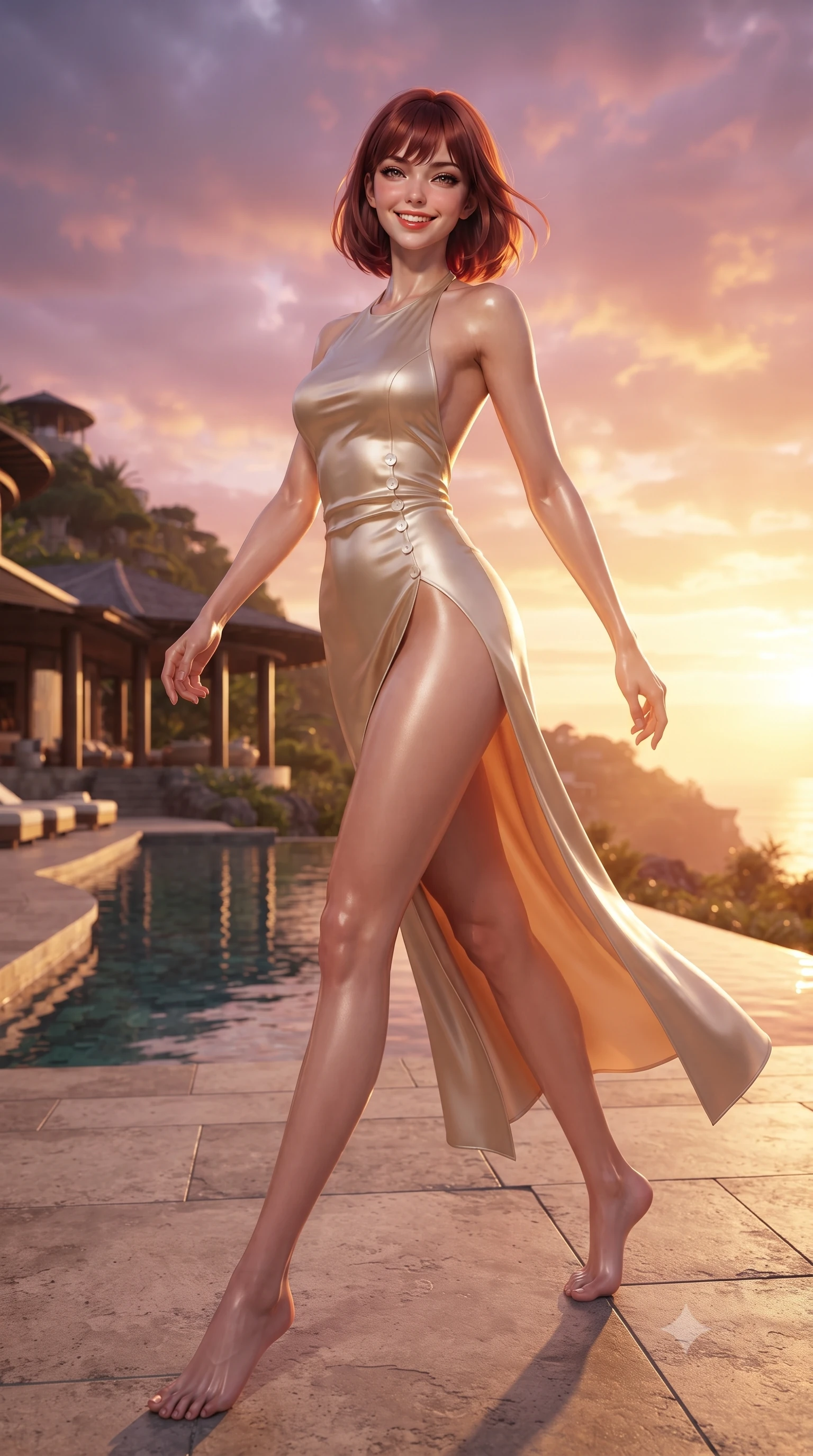 score_9, masterpiece, best quality, ultra-detailed, high-budget anime keyframe, editorial fashion photography, tasteful artistic composition, Caucasian woman. low angle full-body shot from head to toe showing her feet, filling the entire 9:16 vertical frame with her statuesque presence, stretching her vertical silhouette. stepping forward gracefully across the terrace in mid-motion with a radiant beaming smile, hips swaying in an alluring kinetic rhythm that accentuates her curvy hourglass silhouette and long slender legs while twisting her slender torso in an alluring S-curve beside the cliffside plunge pool, warm tropical trade winds sculpting her linen fit around her hips. The surrounding environment is rendered in vivid detail and crisp panoramic clarity. detailed organic linen texture, fine moisture beads on skin, and innovative sustainable resort architecture in high clarity. She has an exceptionally tall and slender model-like 8.5-heads proportion, an ultra-slim waist, a flat toned midriff, narrow delicate ribcage, and beautifully sculpted feminine hips creating a graceful, slim hourglass silhouette without any bulky heaviness, with impossibly long slender legs. sharp v-shaped jawline, high-bridge nose, sparkling amber-hazel eyes with depth, long lush eyelashes, glossy sun-kissed lips with a warm coral glaze, radiant teasing smile with sensual sunlit bedroom-eyes, exuding effortless old-money elegance and intoxicating sun-drenched allure, flawlessly proportioned anatomical accuracy, strict slender model proportions, natural body alignment, perfectly sculpted long slender limbs, ultra-slim waistline, clean dynamic posture without body distortion. wearing a backless liquid champagne silk halter maxi dress with an ultra-high thigh slit ascending to the hip in warm champagne ivory and sun-kissed golden sand, made of liquid-tight stretch jersey emphasizing every curve of her body, accented with neat front carved mother-of-pearl buttons, the glove-like silhouette tightly following the natural contour of her hips and long slender legs with youthful 8.5-heads elegance. bathed in dramatic tropical ocean sunset rays of warm gold and magenta. ultra-reflective glossy finish, specular highlights, rich textural contrasts, high-contrast stereoscopic depth, volumetric dynamic lighting, 2k, ultra detail, master piece, 9:16 ratio