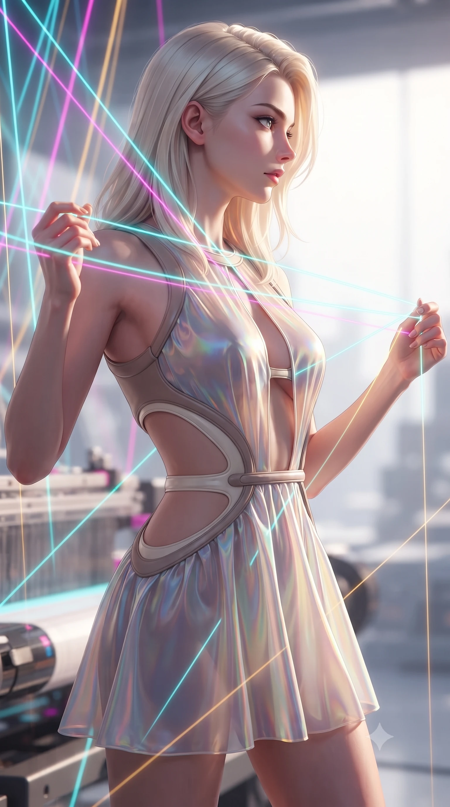 score_9, masterpiece, best quality, ultra-detailed, high-budget anime keyframe, editorial fashion photography, tasteful artistic composition, Caucasian woman. close-up cowboy shot from the waist and thighs up, the character dominates the composition, filling the frame with her large presence, background elements kept in soft focus. Turning her face in sharp dramatic profile against the bright light, showcasing her sharp v-shaped jawline threading fluorescent fiber optic lines on a massive 3D light loom, fluorescent cyan, magenta, and gold light threads crossing in 3D space. She has an exceptionally elegant, slender, and willowy female figure with an ultra-slim waist, a gracefully sculpted slender torso, and a refined silhouette. sharp v-shaped jawline, high-bridge nose, intricate jewel-like eyes with depth, thick eyelashes, glossy lips with a natural sheen. wearing a dramatic open-waist cutout mini dress framed by sculptural hardware in muted taupe and soft ivory, crafted from iridescent chiffon that shifts colors in the light, featuring clean architectural cutouts along her slender torso, the form-contouring material highlighting her ultra-slim waist and long lines. bathed in sharp geometric laser grid highlights and soft ambient fill. highly saturated vibrant anime colors, detailed shading with soft gradients, rich glossy textures, high-contrast stereoscopic depth, volumetric dynamic lighting, master piece, 9:16 ratio