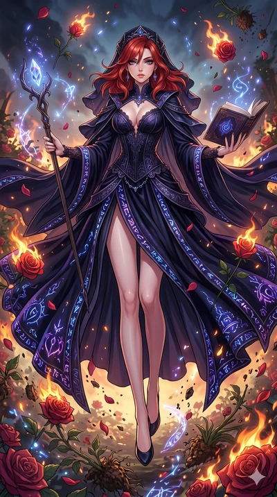 score_9, masterpiece, best quality, ultra-detailed, Set A: High-budget Anime Keyframe, Japanese woman. Low angle cowboy shot filling the entire 9:16 frame with her statuesque presence. Floating through a burning rose garden, as gravity fails and ever