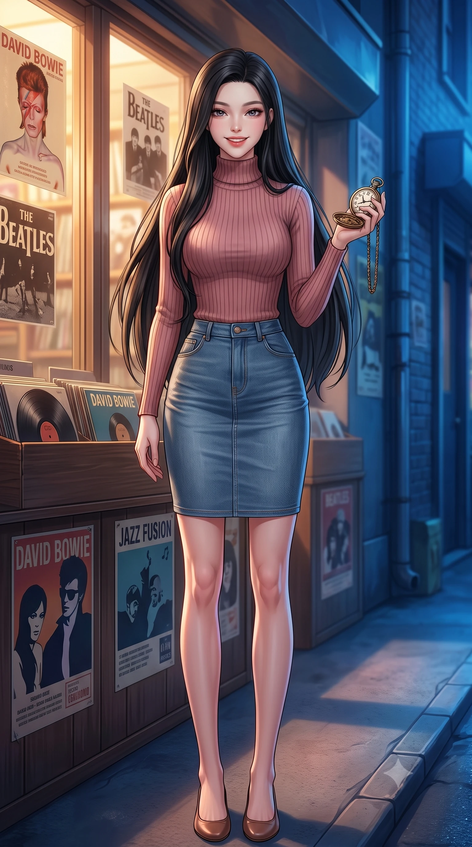 score_9, masterpiece, best quality, ultra-detailed, high-budget anime keyframe, editorial fashion photography, tasteful artistic composition, Korean woman. low angle full-body shot from head to toe showing her feet, filling the entire 9:16 vertical frame with her statuesque presence, stretching her vertical silhouette. standing with a cute, bright pose, tilting her head with a beaming smile set against a soft-focus background of in front of a vintage vinyl record shop with retro music posters in the window holding a vintage brass pocket watch with a curious, playful look. She has an absolutely perfect, statuesque 8.5-heads proportion, an exceptionally tall and slender model-like female figure with impossibly long slender legs and an ultra-slim waist. sharp v-shaped jawline, high-bridge nose, intricate jewel-like eyes with depth, thick eyelashes, glossy lips with a natural sheen. wearing slim-fit form-fitting ribbed knit turtleneck in dusty rose, tucked into a slim denim pencil skirt. warm glow from the shop windows clashing with the cool blue alley shadows. highly saturated vibrant anime colors, detailed shading with soft gradients, rich glossy textures, high-contrast stereoscopic depth, volumetric dynamic lighting, master piece, 9:16 ratio