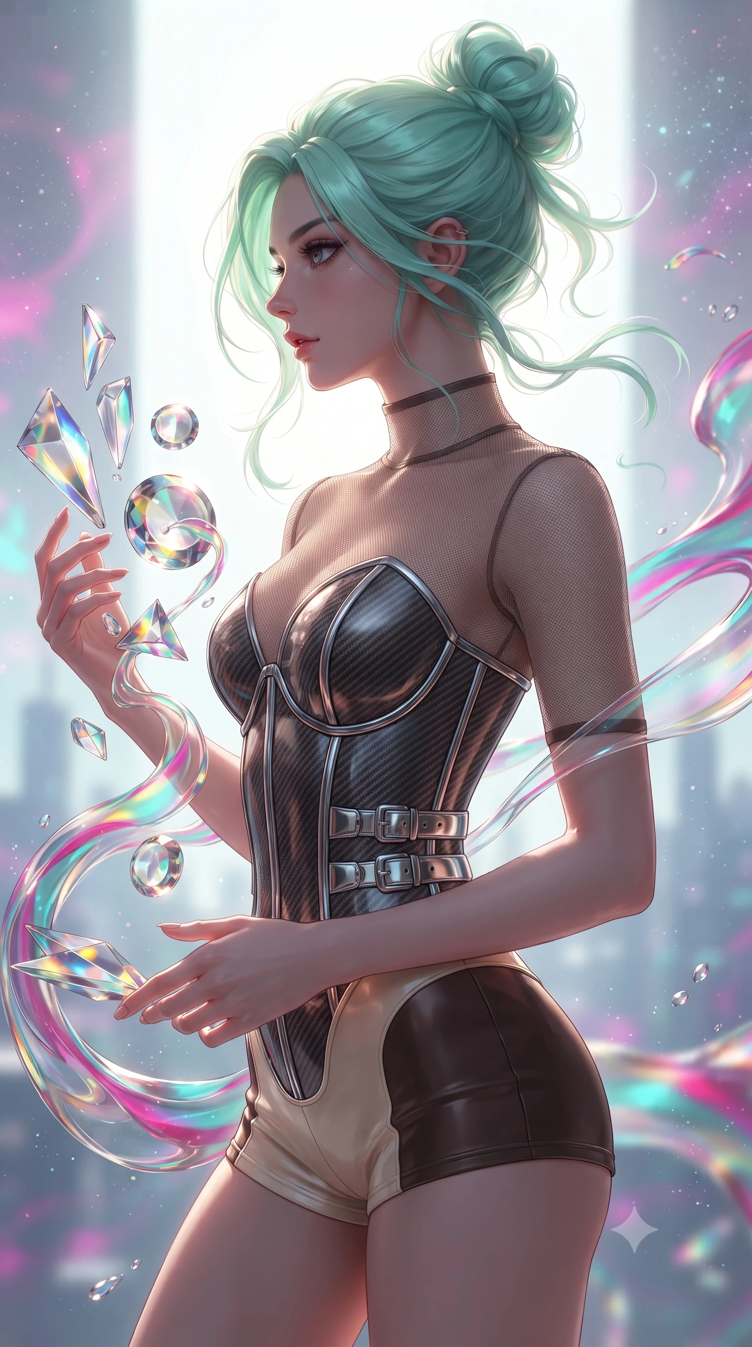 score_9, masterpiece, best quality, ultra-detailed, high-budget anime keyframe, editorial fashion photography, tasteful artistic composition, Japanese woman. close-up cowboy shot from the waist and thighs up, the character dominates the composition, filling the frame with her large presence, background elements kept in soft focus. Turning her face in sharp dramatic profile against the bright light, showcasing her sharp v-shaped jawline interacting with floating glass prisms that refract liquid light into rainbows, swirling ribbons of magenta, turquoise, and gold liquid paint in zero-gravity. She has an exceptionally elegant, slender, and willowy female figure with an ultra-slim waist, a gracefully sculpted slender torso, and a refined silhouette. sharp v-shaped jawline, high-bridge nose, intricate jewel-like eyes with depth, thick eyelashes, glossy lips with a natural sheen. wearing a chrome-plated structured bodice worn over a sheer mesh top and micro-shorts in espresso brown and warm cream, made of fine carbon-fiber weave and soft matte leather, detailed with polished silver buckles along the waistline, the sleek second-skin texture accentuating her magnetic presence. surrounded by a radiant glow of magenta and aqua fluid highlights. ultra-reflective glossy finish, specular highlights, metallic sheen, high-contrast stereoscopic depth, volumetric dynamic lighting, 2k, ultra detail, master piece, 9:16 ratio