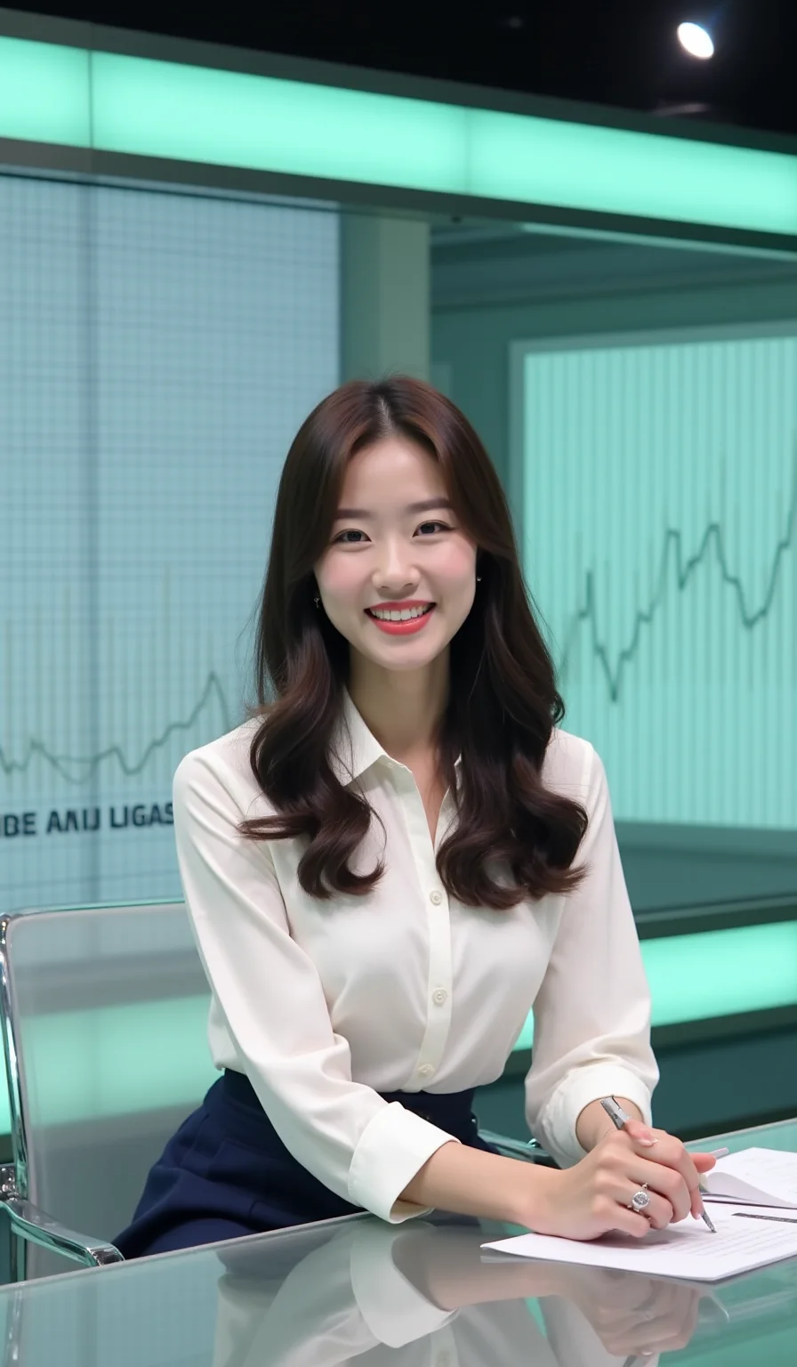 A charismatic Korean idol-style female news anchor in her mid-20s with long dark wavy hair and a friendly smile, sitting at a sleek news desk. She wears a white blouse and navy skirt, reading economic charts on a transparent screen, with bright and professional lighting and mint and gray accents in the studio.