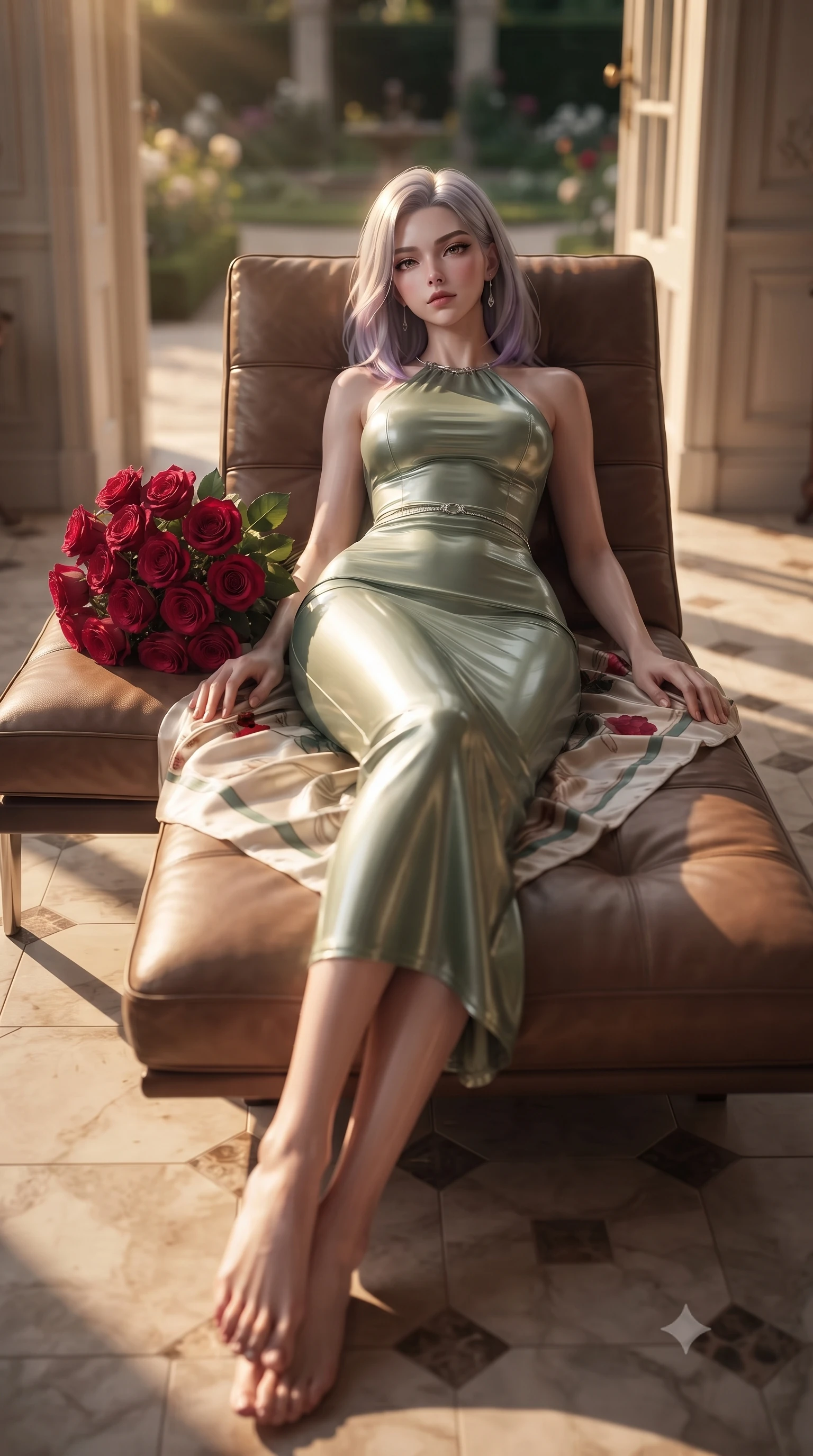 score_9, masterpiece, best quality, ultra-detailed, high-budget anime keyframe, editorial fashion photography, tasteful artistic composition, Caucasian woman. low angle full-body shot from head to toe showing her feet, filling the entire 9:16 vertical frame with her statuesque presence, stretching her vertical silhouette. relaxing on a sunbed with relaxed elegance, her slender figure stretching out gracefully under the warm glow set against a soft-focus background of inside an exclusive sunroom alcove with a bouquet of crimson roses and a silk scarf resting on the leather seat. She has an absolutely perfect, statuesque 8.5-heads proportion, an exceptionally tall and slender model-like female figure with impossibly long slender legs and an ultra-slim waist. sharp v-shaped jawline, high-bridge nose, intricate jewel-like eyes with depth, thick eyelashes, glossy lips with a natural sheen. wearing body-hugging sage green metallic jersey form-contouring cashmere halter dress tracing her statuesque physique accented with delicate silver hardware. bathed in warm golden hour sunbeams that cast long, romantic shadows across the floor. ultra-reflective glossy finish, specular highlights, metallic sheen, high-contrast stereoscopic depth, volumetric dynamic lighting, 2k, ultra detail, master piece, 9:16 ratio