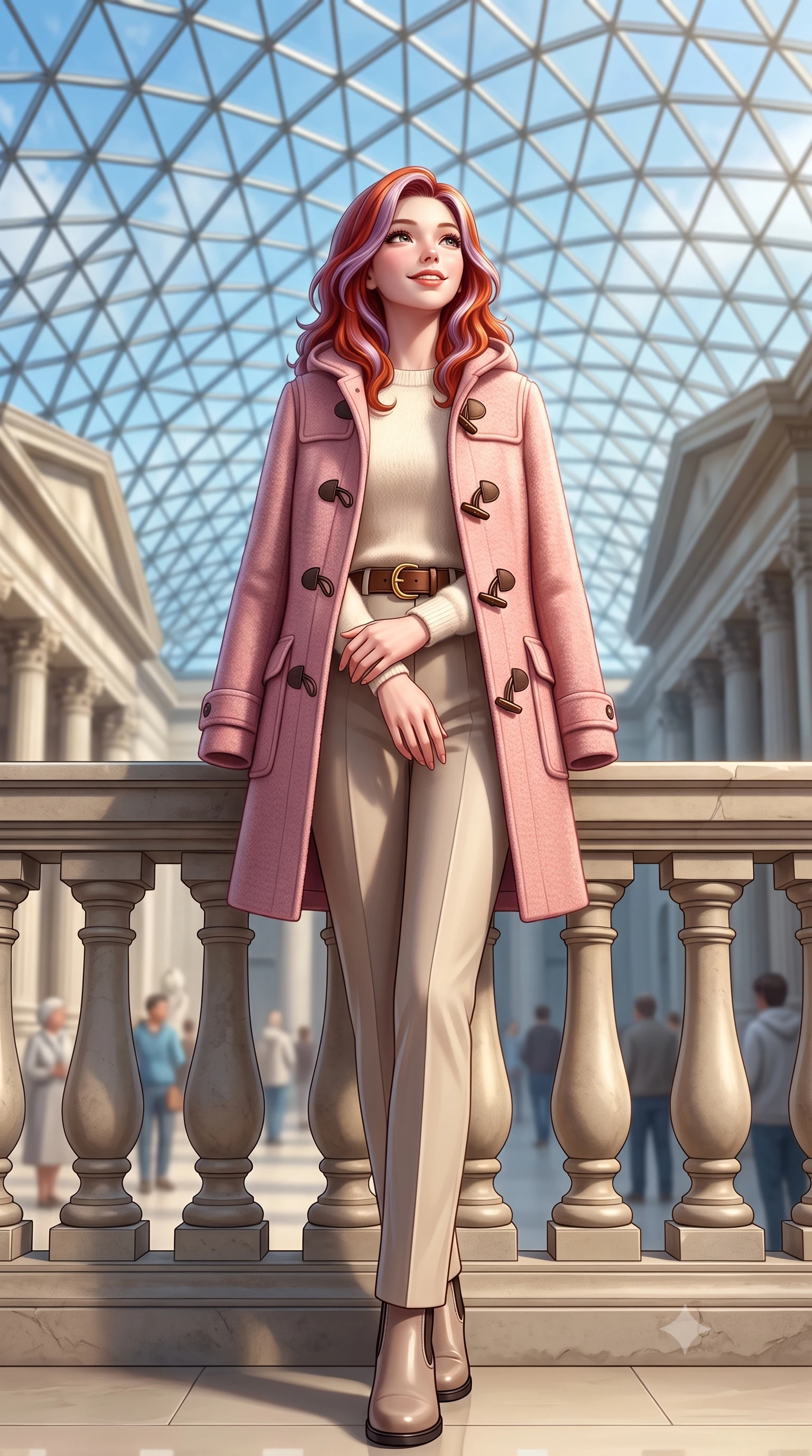 score_9, masterpiece, best quality, ultra-detailed, high-budget anime keyframe, semi-realistic 3D game render, editorial fashion photography, tasteful artistic composition, Caucasian woman. low angle full-body shot from head to toe showing her feet, filling the entire 9:16 vertical frame with her statuesque presence, stretching her vertical silhouette. standing poised beside the classical stone balustrade with one foot slightly forward, hands folded loosely before her with regal grace while standing poised beneath the monumental geodesic glass roof canopy, gazing upward with an inspired, breathtaking smile. The background shows a soft-focus triangular glass roof lattice patterns against blue autumn sky, neoclassical colonnades, and museum visitors blurred into alabaster, sky blue, and dove grey bokeh. She has an exceptionally tall and slender model-like 8.5-heads proportion, an ultra-slim waist, a flat toned midriff, narrow delicate ribcage, and beautifully sculpted feminine hips creating a graceful, slim hourglass silhouette without any bulky heaviness, with impossibly long slender legs. sharp v-shaped jawline, high-bridge nose, intricate jewel-like sparkling eyes with depth, thick eyelashes, glossy parted lips with a natural peach sheen, bright cheerful beaming smile with an enchanting and coquettish sensual glint, exuding both youthful cute charm and seductive allure, flawlessly proportioned anatomical accuracy, strict slender model proportions, natural body alignment, perfectly sculpted long slender limbs, ultra-slim waistline, clean dynamic posture without body distortion. wearing a structured boiled-wool duffle coat with horn toggles over a soft alpaca sweater and tailored wool slacks in Parisian pastel rose bouclé and cream pearl, crafted from rich cotton velvet with deep light-absorbing pile and soft gradients, finished with a smooth equestrian bridle-leather belt with a polished brass horseshoe buckle, the bespoke architectural tailoring hugging her natural waistline with sartorial precision, creating a clean graceful hourglass silhouette with tall model elegance. bathed in voluminous pure white zenithal daylight filtering through the vast geometric glass skylight canopy. highly saturated vibrant anime colors, detailed shading with soft gradients, rich glossy textures, high-contrast stereoscopic depth, volumetric dynamic lighting, master piece, 9:16 ratio