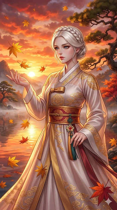 score_9, masterpiece, best quality, ultra-detailed, Set C: High-budget Anime Keyframe, Korean woman. Upper body close-up from the thighs up, character filling the screen for maximum presence. Catching falling golden maple leaves by a misty mountain l