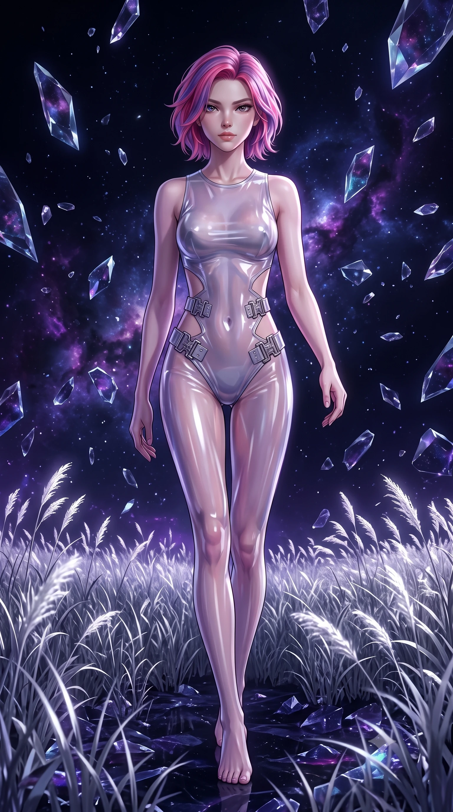 score_9, masterpiece, best quality, ultra-detailed, High-budget Anime Keyframe, Caucasian woman, strictly human ears. Dynamic full-body shot stretching the vertical silhouette to the limit. Scenario 391: walking through a field of tall silver grass at a dark void filled with floating crystal shards reflecting purple nebulae. Her presence is magnetic and overpowering in this high-budget anime scene. Outfit 391: a tailored translucent PVC liquid with a strategic side cut-outs and metallic buckles. The clothing is designed to emphasize her exceptionally tall and slender 8-heads proportion. 8-heads proportion, towering silhouette, ultra-slim waist. sharp v-shaped jawline, intricate jewel-like eyes with depth, thick eyelashes, glossy lips. 2k, ultra detail, master piece, 9:16 ratio