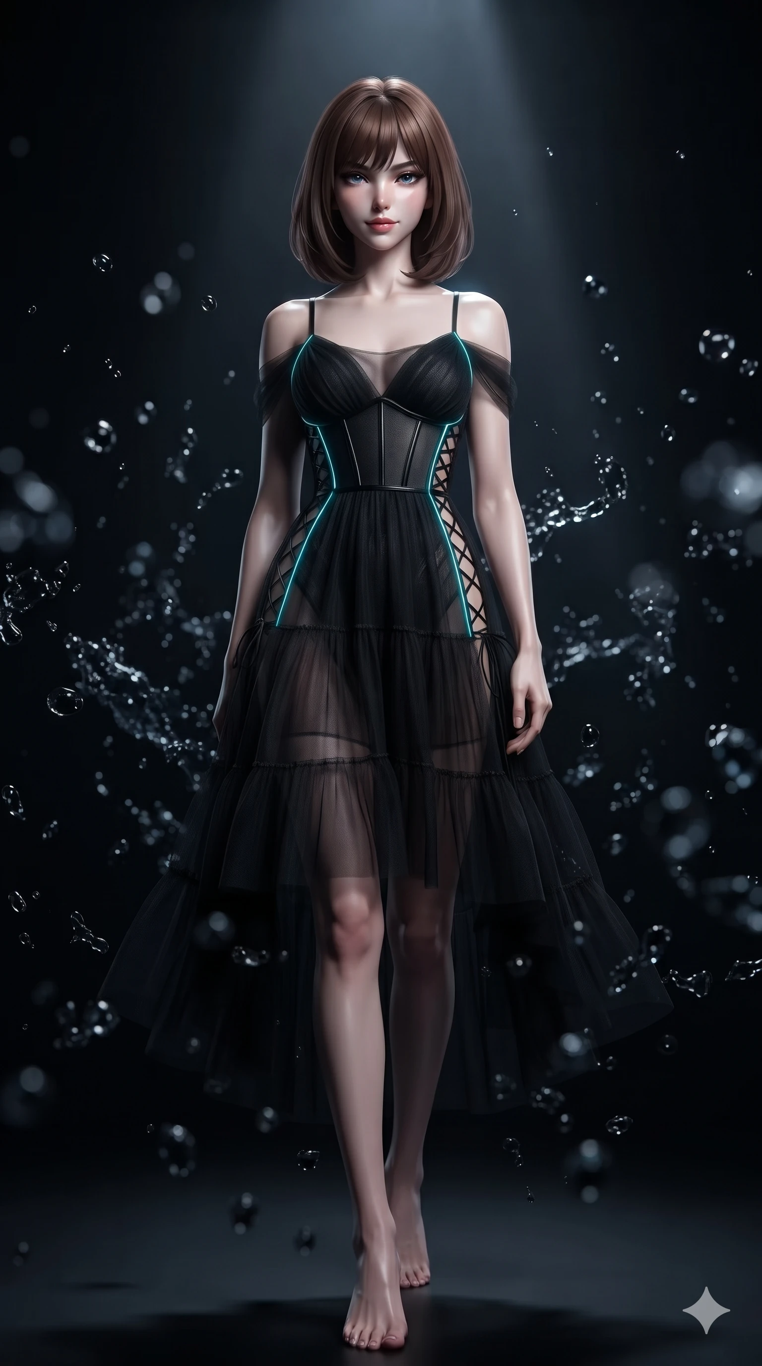 score_9, masterpiece, best quality, ultra-detailed, high-budget anime keyframe, editorial fashion photography, tasteful artistic composition, Caucasian woman. low angle full-body shot from head to toe showing her feet, filling the entire 9:16 vertical frame with her statuesque presence, stretching her vertical silhouette. navigating the midnight sanctuary with an effortless, graceful stride, hips swaying in an alluring sensual rhythm while stepping slowly through the floating dark acrylic splash field, hips swaying with hypnotic grace as a single key beam cuts through the darkness. The background shows a soft-focus suspended splashes of dark acrylic paint, cold studio shadows, and distant gallery floodlights blurred into charcoal, pitch-black, and obsidian bokeh. She has an absolutely perfect, statuesque 8.5-heads proportion, an exceptionally tall and slender model-like female figure with impossibly long slender legs, an ultra-slim waist, a flat toned midriff, narrow delicate ribcage, and beautifully sculpted feminine hips creating a graceful, slim hourglass silhouette without any bulky heaviness. sharp v-shaped jawline, high-bridge nose, intricate jewel-like dark sparkling eyes with hypnotic seductive depth, thick curled eyelashes, glossy parted lips with a natural wine sheen, alluring bedroom-eyes with an enigmatic smoldering smile, exuding magnetic sovereign charisma and dark avant-garde glamour, flawlessly proportioned anatomical accuracy, strict slender model proportions, natural body alignment, perfectly sculpted long slender limbs, ultra-slim waistline, clean dynamic posture without body distortion. wearing a tiered semi-sheer black tulle and silk slip dress with an ultra-slim corseted waist and bare shoulders in neon cyan edge-glow and dark carbon black, adorned with laser-cut diamond side panels revealing teasing glimpses of bare skin, featuring fine criss-cross lace-up side ties revealing tantalizing glimpses of her hip curve, the precision-cut side openings and low-back scoop framing her graceful spine and the sensual sweep of her slim, toned hips. lit by a single intense key ray accentuating liquid paint contours against pitch-black shadows. ultra-reflective glossy finish, specular highlights, metallic sheen, high-contrast stereoscopic depth, volumetric dynamic lighting, 2k, ultra detail, master piece, 9:16 ratio