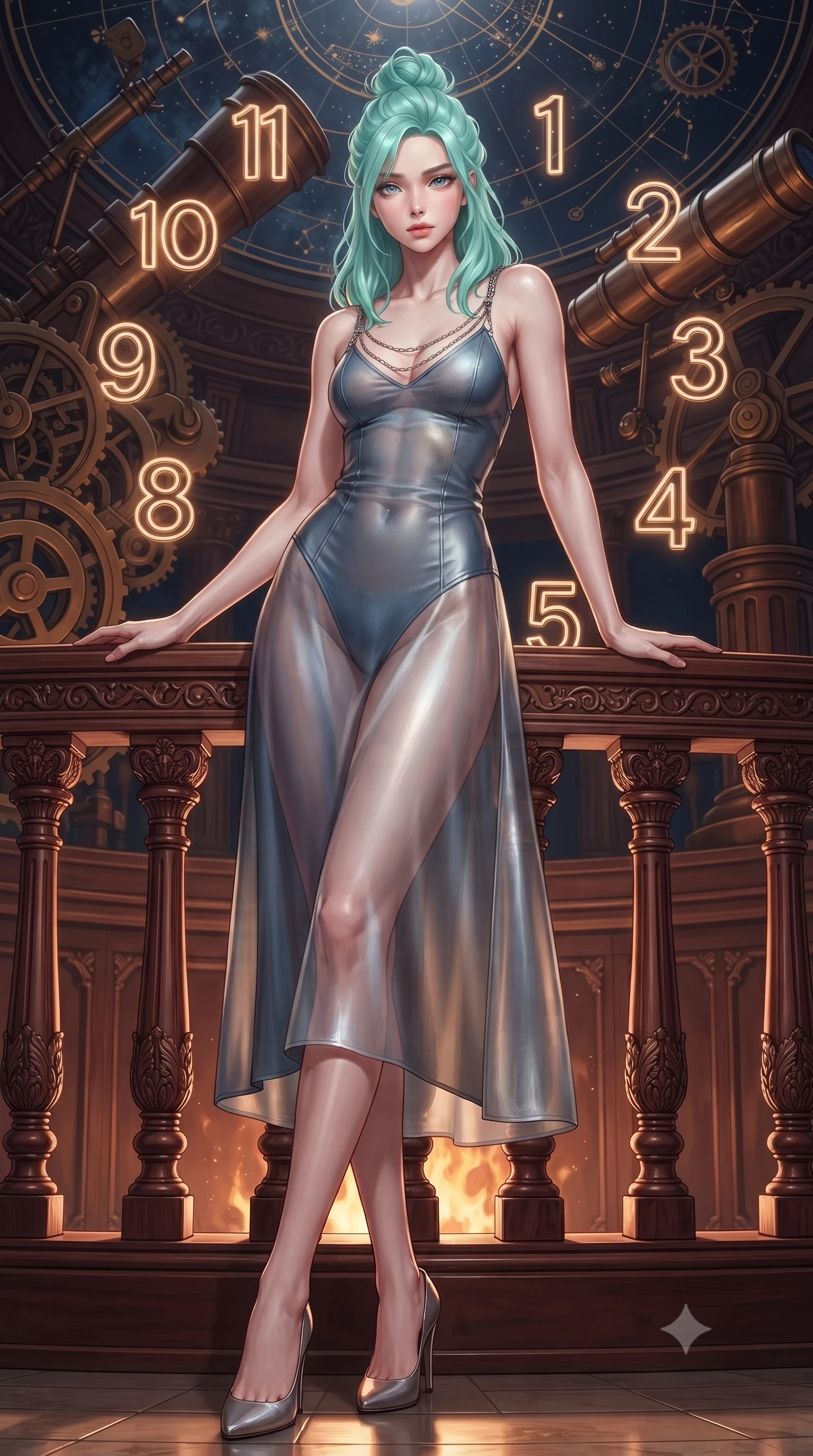 score_9, masterpiece, best quality, ultra-detailed, high-budget anime keyframe, editorial fashion photography, tasteful artistic composition, Japanese woman. low angle full-body shot from head to toe showing her feet, filling the entire 9:16 vertical frame with her statuesque presence, stretching her vertical silhouette. navigating the luminous space with effortless poise, displaying her perfect model proportions leaning against a vintage mahogany balustrade inside a mechanical observatory, glowing neon clock numbers floating in the air with vintage elegancy. She has an absolutely perfect, statuesque 8.5-heads proportion, an exceptionally tall and slender model-like female figure with impossibly long slender legs and an ultra-slim waist. sharp v-shaped jawline, high-bridge nose, intricate jewel-like eyes with depth, thick eyelashes, glossy lips with a natural sheen. wearing a semi-opaque sheer overlay dress over a leather micro-bodysuit in slate blue and metallic silver, crafted from smooth liquid silk, adorned with delicate metallic chain straps along the neckline, the tailored fabric tightly following every curve of her athletic build. surrounded by warm hearth light and dramatic bronze rim highlights. ultra-reflective glossy finish, specular highlights, metallic sheen, high-contrast stereoscopic depth, volumetric dynamic lighting, 2k, ultra detail, master piece, 9:16 ratio