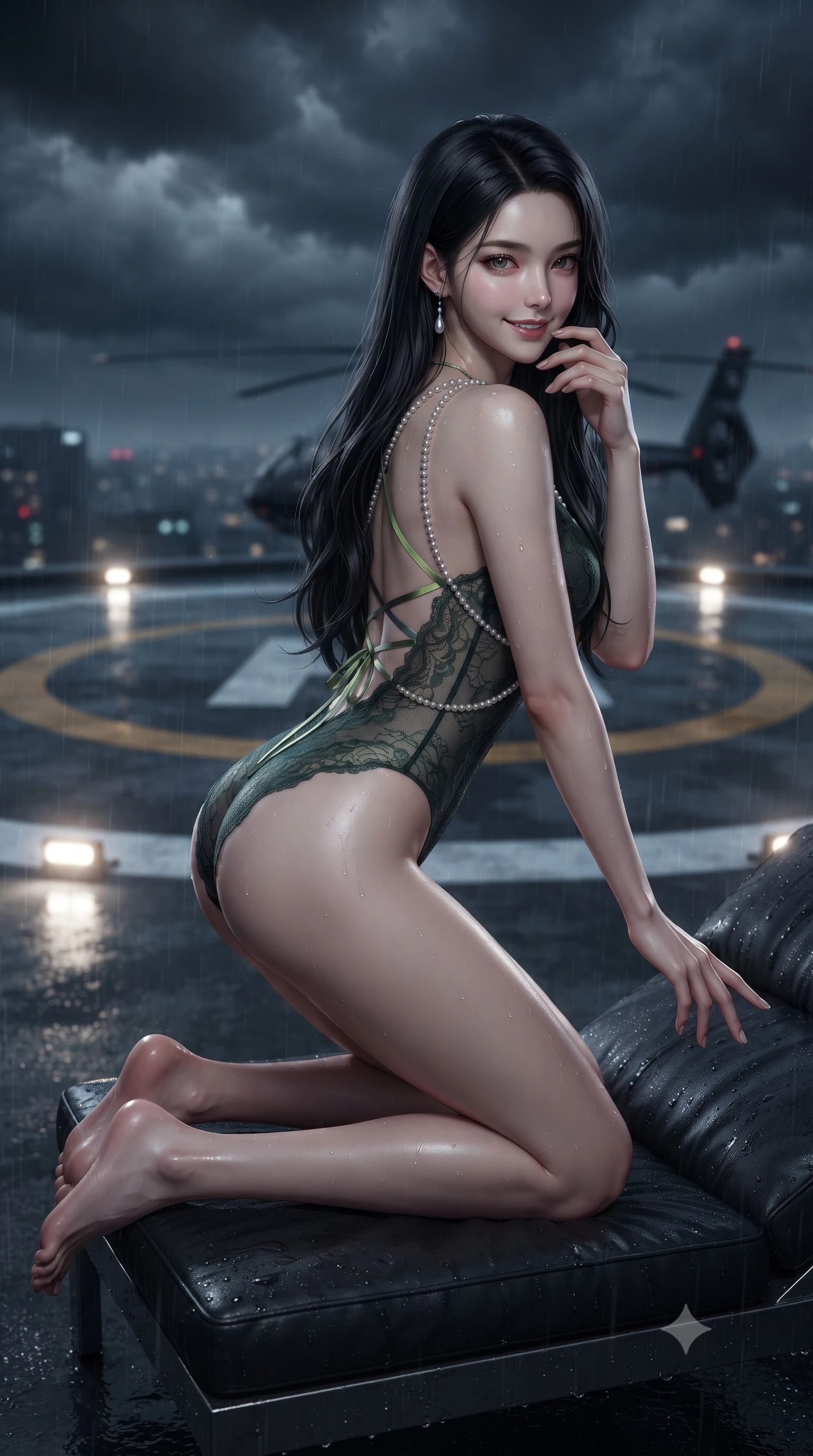 score_9, masterpiece, best quality, ultra-detailed, high-budget anime keyframe, editorial fashion photography, tasteful artistic composition, Korean woman. close-up cowboy shot from the waist and thighs up, the character dominates the composition, filling the frame with her large presence. perched sideways on the lounge seat, one knee drawn up to showcase her slender leg line while her arched back accentuates her feminine hip curve while kneeling poised on the illuminated landing circle with one hand resting on the wet deck, casting a piercing yet coquettish smile. The background shows a soft-focus wet helicopter landing pad markings softened in dramatic stormy rooftop shallow focus. She has an exceptionally elegant, slender, and willowy female figure with an ultra-slim waist, flat toned midriff, narrow ribcage, and sculpted feminine hips creating an alluring, slim hourglass silhouette without bulk. sharp v-shaped jawline, high-bridge nose, sparkling eyes with hypnotic seductive depth, thick curled eyelashes, glossy parted lips with a natural dewy peach sheen, alluring bedroom-eyes with an enchanting coquettish smile, exuding magnetic siren charisma and sophisticated glamour, flawlessly proportioned anatomical accuracy, strict slender model proportions, natural body alignment, perfectly sculpted long slender limbs, ultra-slim waistline, clean dynamic posture without body distortion. wearing a backless stretch lace ballet leotard with high-cut leg openings and delicate criss-cross satin back ribbons in stealth night-vision green and carbon charcoal with neon accents, made of semi-opaque stretch illusion mesh with soft shadowy contours, accented with a pearl-drop body harness subtly framing her dewy collarbones and spine, the liquid-tight tailored fabric clinging flawlessly to her narrow waist and rounded feminine hips, emphasizing every millimeter of her sculpted slim hourglass curves without any bulky heaviness. illuminated by puddle specular bounce and sharp platinum rim lights sculpting her jawline, flat midriff, and curvaceous hips. ultra-reflective glossy finish, specular highlights, rich textural contrasts, high-contrast stereoscopic depth, volumetric dynamic lighting, 2k, ultra detail, master piece, 9:16 ratio