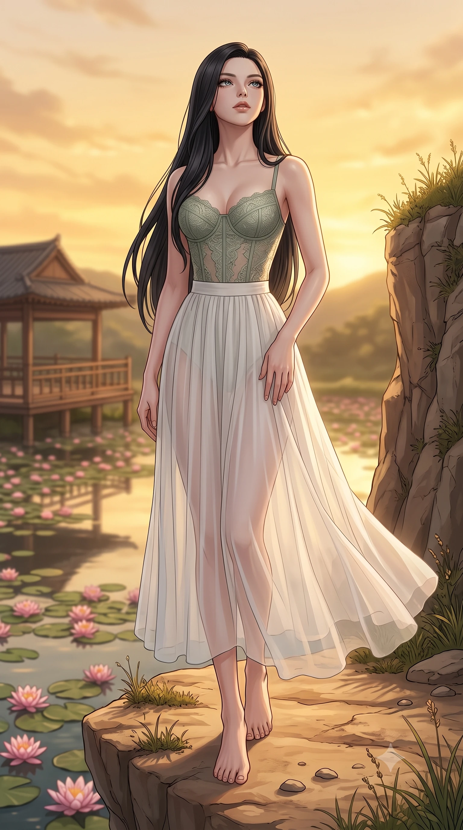 score_9, masterpiece, best quality, ultra-detailed, high-budget anime keyframe, editorial fashion photography, tasteful artistic composition, Korean woman woman. low angle full-body shot from head to toe showing her feet, filling the entire 9:16 vertical frame with her statuesque presence, stretching her vertical silhouette. standing proud on a scenic cliff overlooking the valley, her silhouette framed by the golden sky the background shows a soft-focus a wooden deck overlooking a calm pond filled with blooming pink water lilies. She has an absolutely perfect, statuesque 8.5-heads proportion, an exceptionally tall and slender model-like female figure with impossibly long slender legs and an ultra-slim waist. sharp v-shaped jawline, high-bridge nose, intricate jewel-like eyes with depth, thick eyelashes, glossy lips with a natural sheen. wearing a slim-fit delicate lace bustier in sage green, paired with a sheer chiffon midi skirt. soft twilight glow reflecting on the still water surface. 2k, ultra detail, master piece, 9:16 ratio