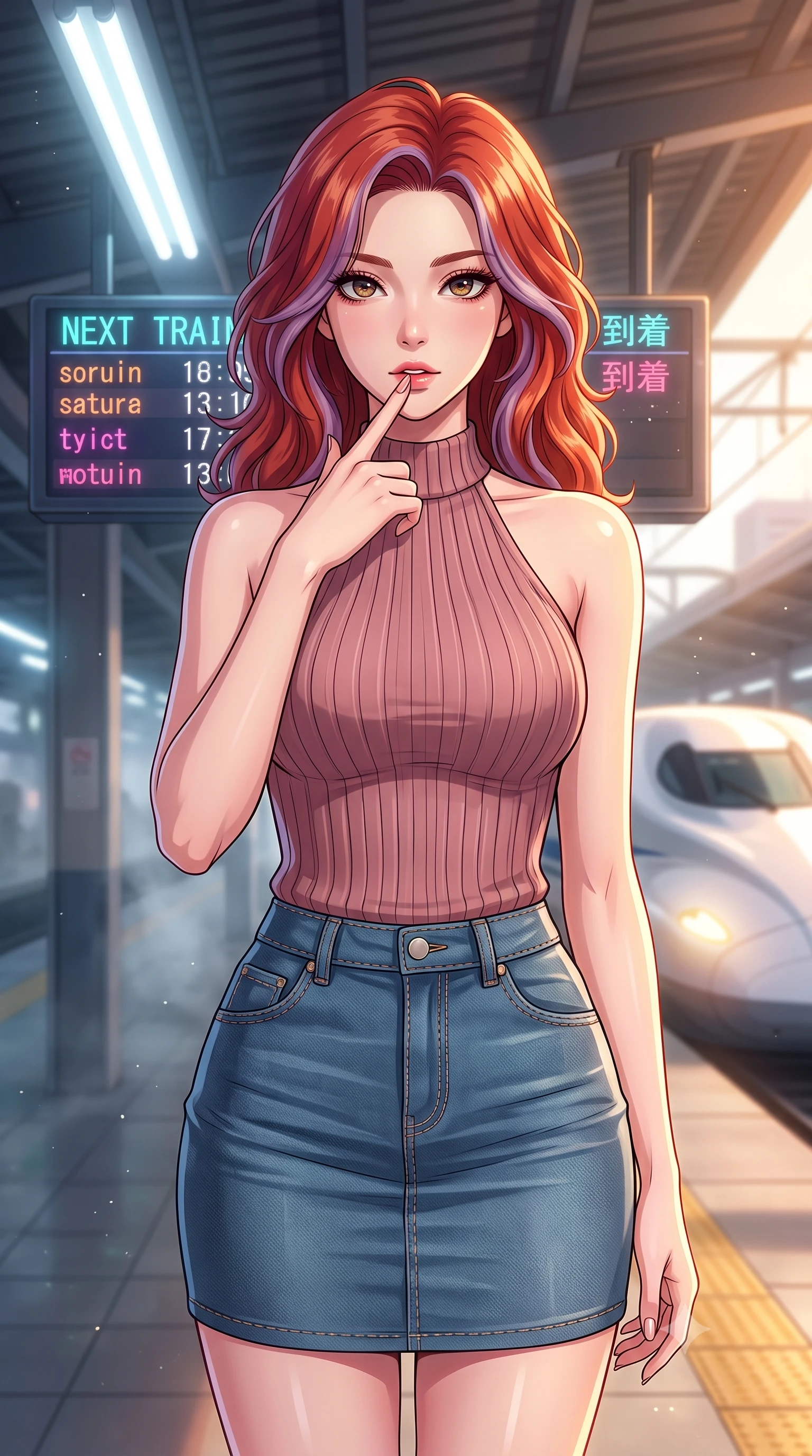 score_9, masterpiece, best quality, ultra-detailed, high-budget anime keyframe, tasteful artistic composition, Caucasian woman. close-up cowboy shot from the waist and thighs up, the character dominates the composition, filling the frame with her large presence, background elements kept in soft focus. pressing one finger to her bottom lip in a thoughtful, seductive gesture under the warm sun the background shows a soft-focus a high-speed train platform with neon schedule boards and misty tracks. She has an exceptionally elegant, slender, and willowy female figure with an ultra-slim waist, a gracefully sculpted slender torso, and a refined silhouette. sharp v-shaped jawline, high-bridge nose, intricate jewel-like eyes with depth, thick eyelashes, glossy lips with a natural sheen. wearing a tailored form-fitting ribbed knit halter top in dusty rose, paired with a tight-fitting denim skirt. cool white overhead fluorescent rays contrasting with the warm lights of the incoming train. highly saturated vibrant anime colors, cel-shading, 2d style, master piece, 9:16 ratio